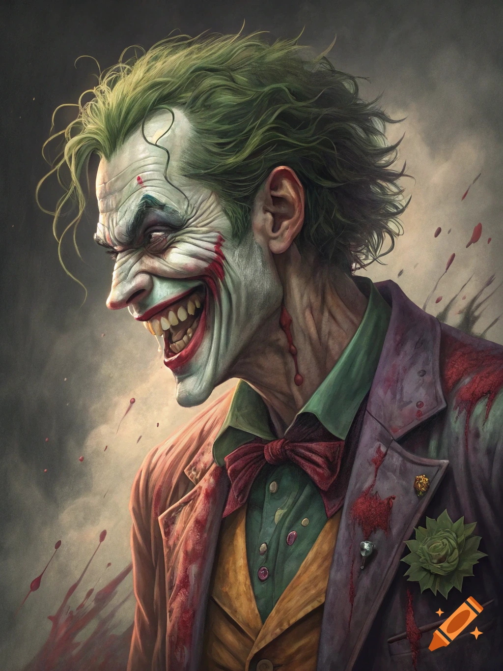 Illustration of The Joker laughing maniacally with blood splatter on his face and clothes.