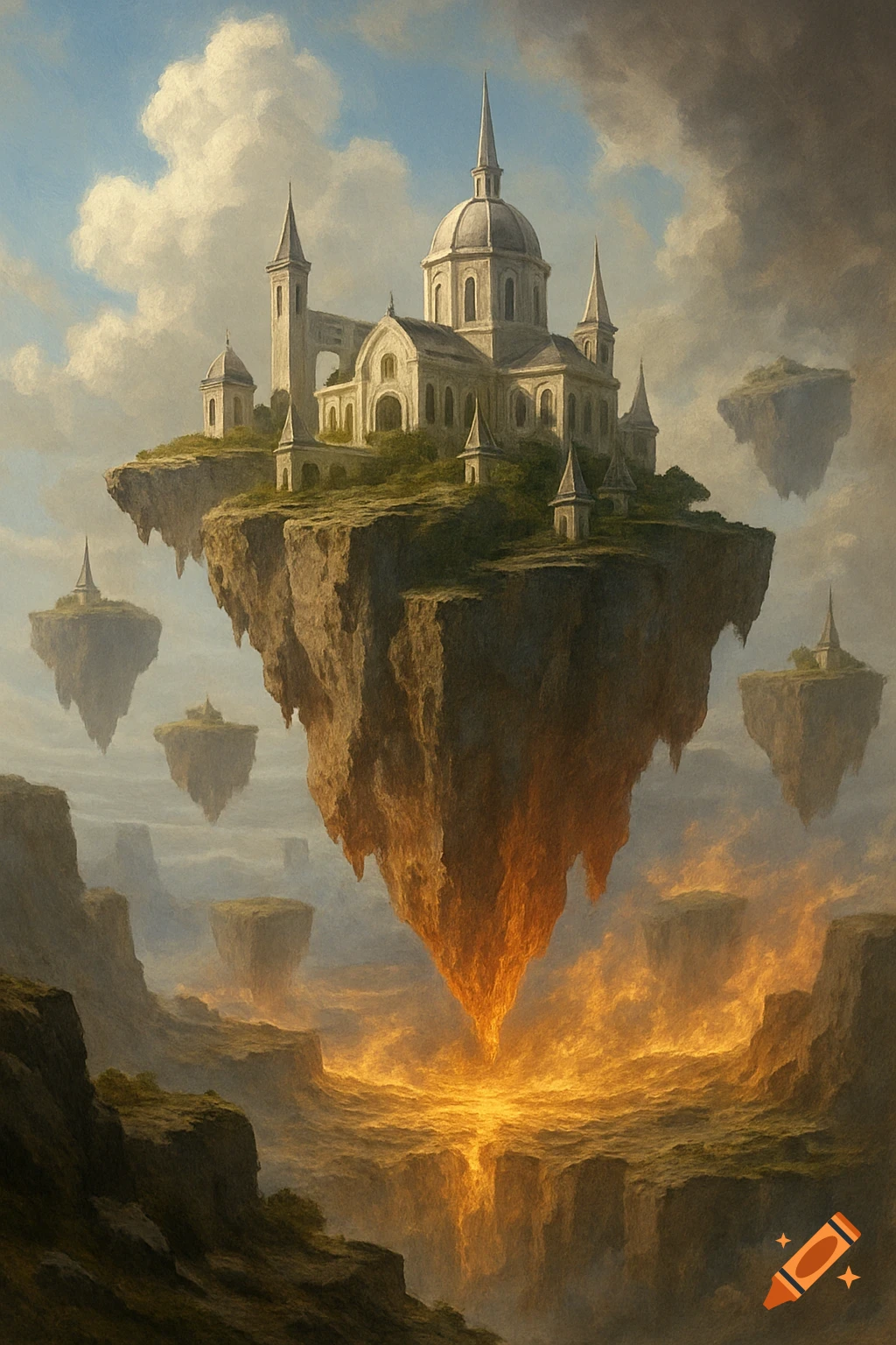 A grand building sits on a large floating island above a fiery landscape, with smaller floating islands in the distance.