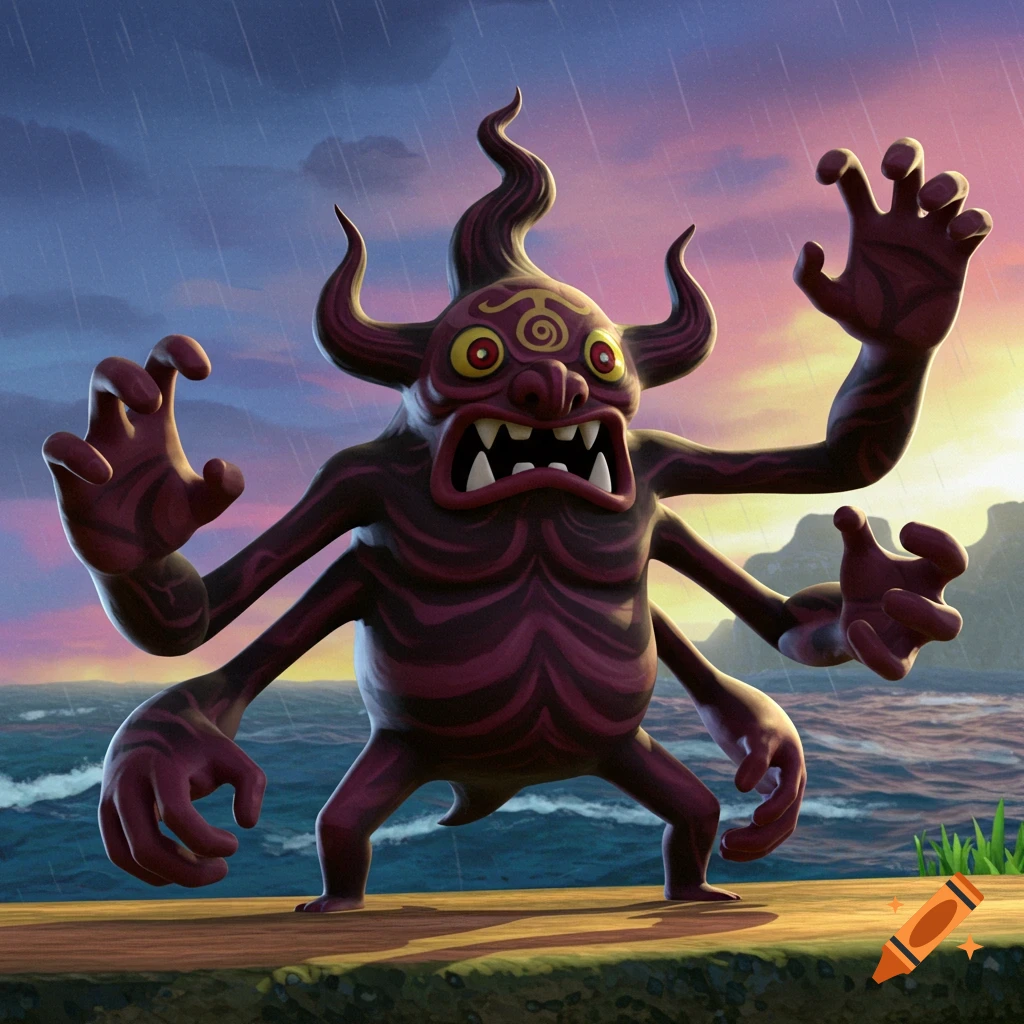 A four-armed, demonic monster with red skin and swirling purple patterns, sharp teeth, and horns stands by the stormy sea at sunset in a stylized, cartoony style.