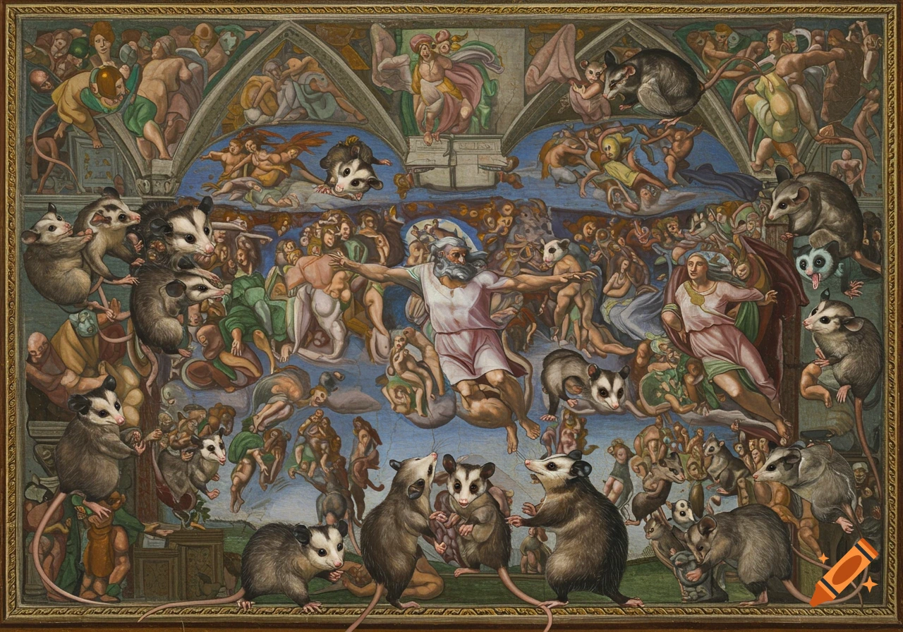 A painting parody of Michelangelo's Last Judgment, with possums replacing the people in a fresco style.