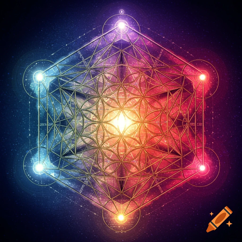 A glowing Metatron's Cube against a starry, colorful cosmic background.