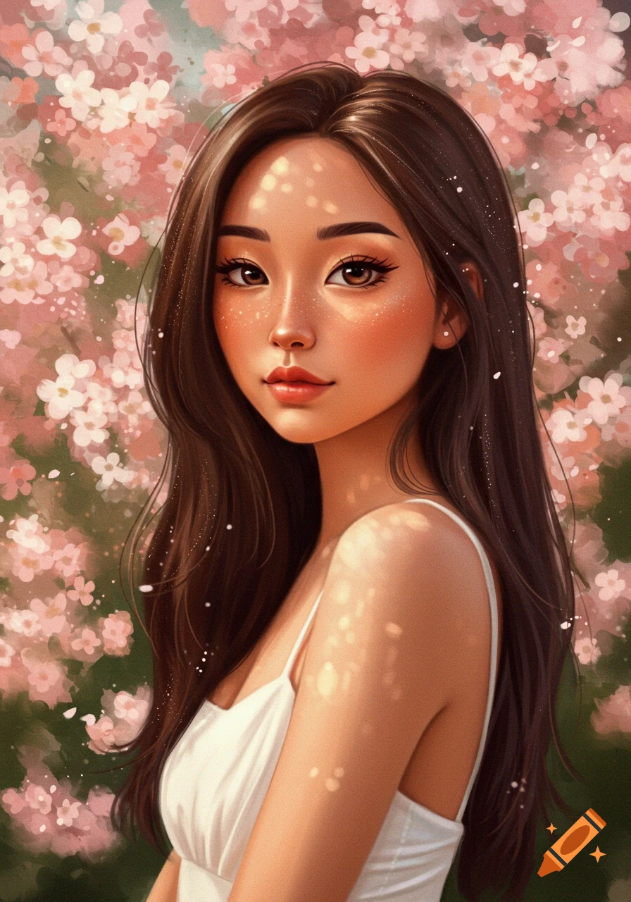 Portrait of a woman with freckles against pink flowers