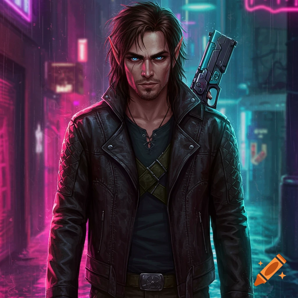 A male elf in a leather jacket with a gun on a rainy cyberpunk street.