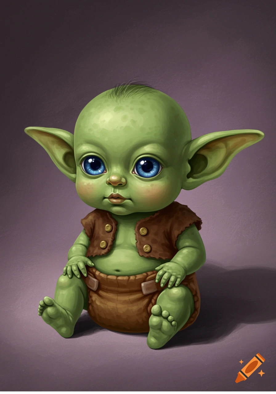 A cute baby goblin with green skin, pointy ears, blue eyes, and a brown cloth diaper, sitting down.