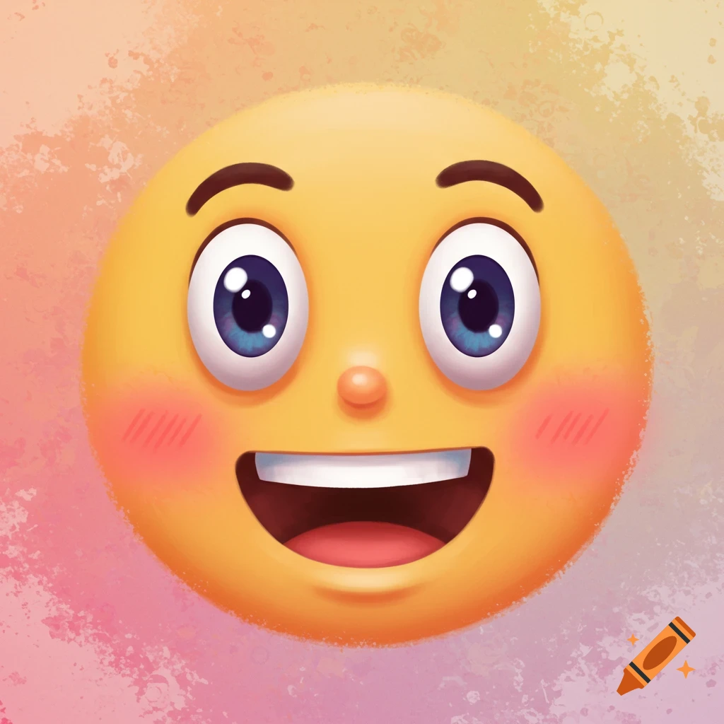 A smiling yellow emoji face with blue eyes and rosy cheeks.