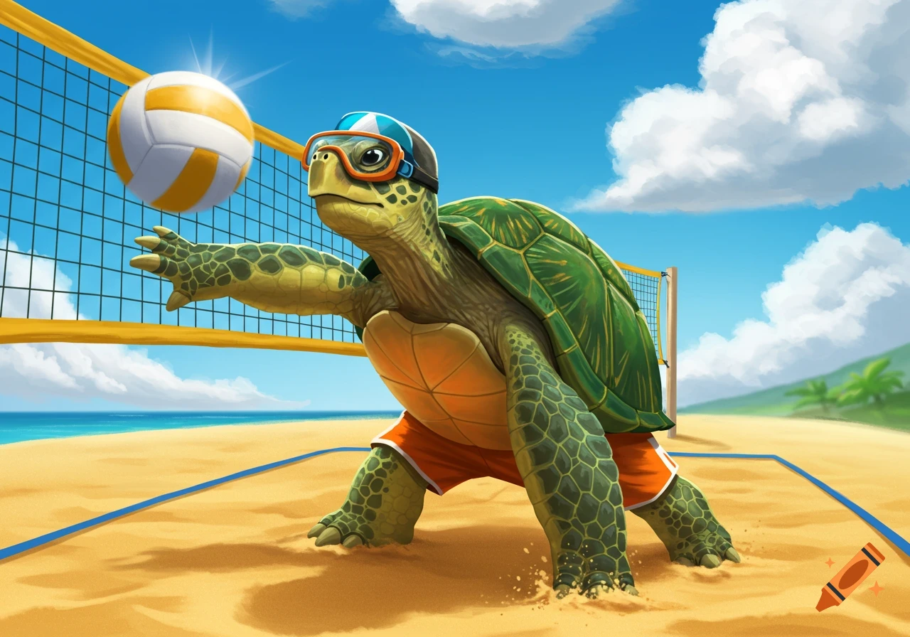 A cartoon turtle in goggles and shorts plays volleyball on a sunny beach.