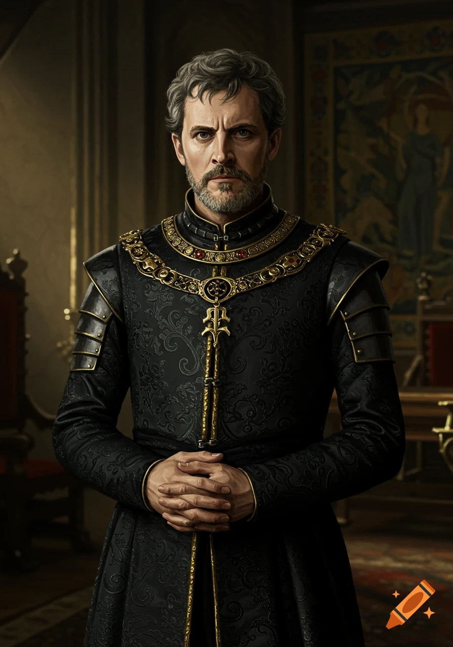 A detailed portrait of a man in black and gold historical clothing.