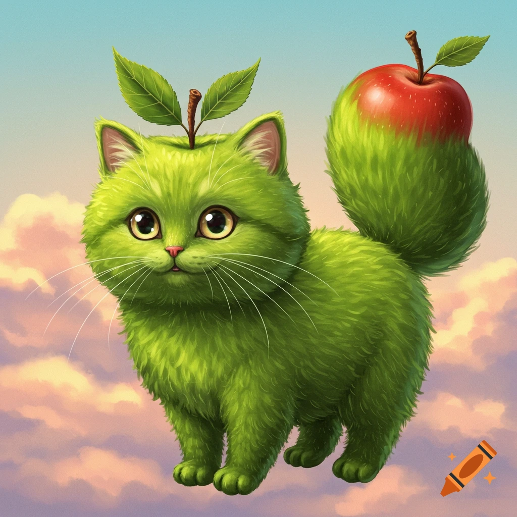 A fluffy green cat with leaves on its head and an apple tail floats in a cloudy sky.