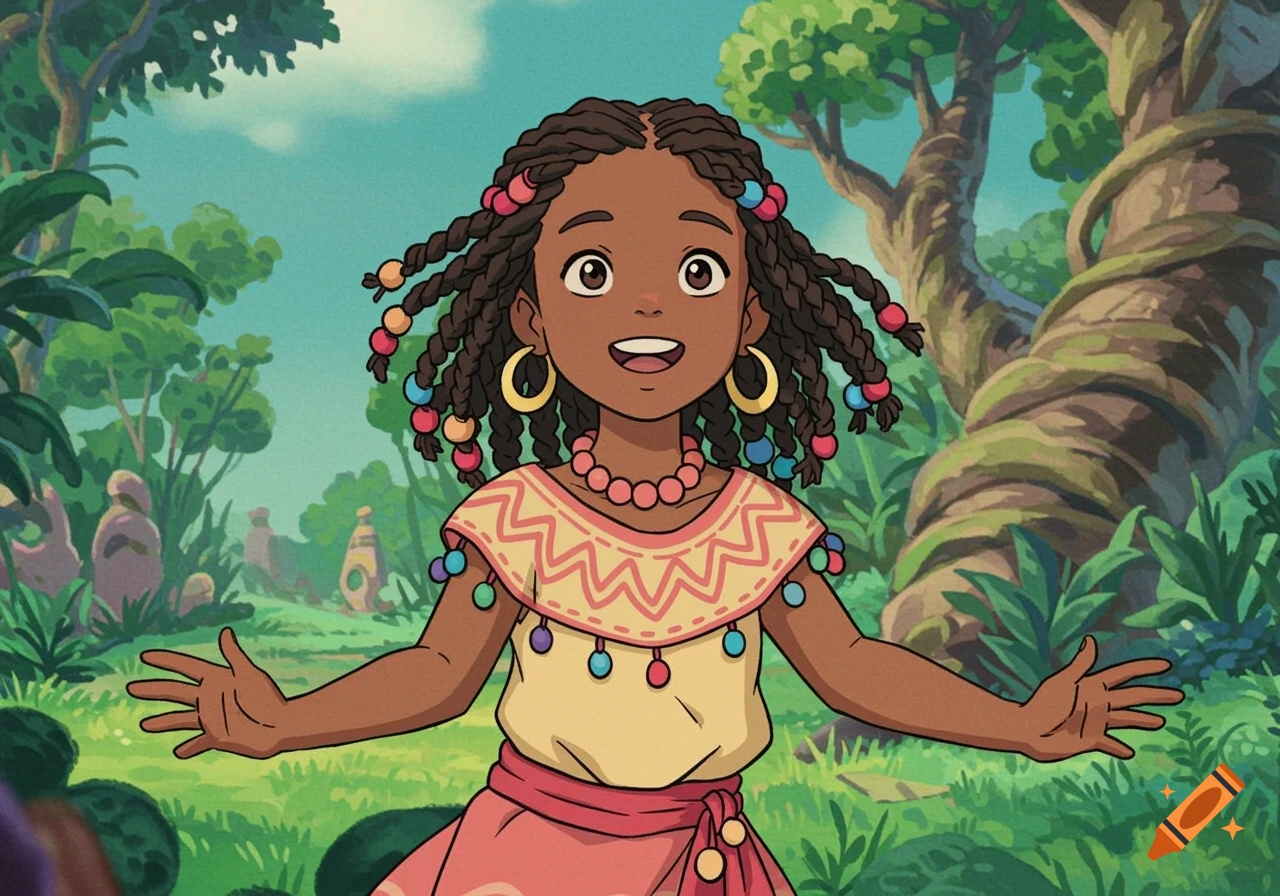 A young animated girl with braided hair and beads smiles in a lush jungle.