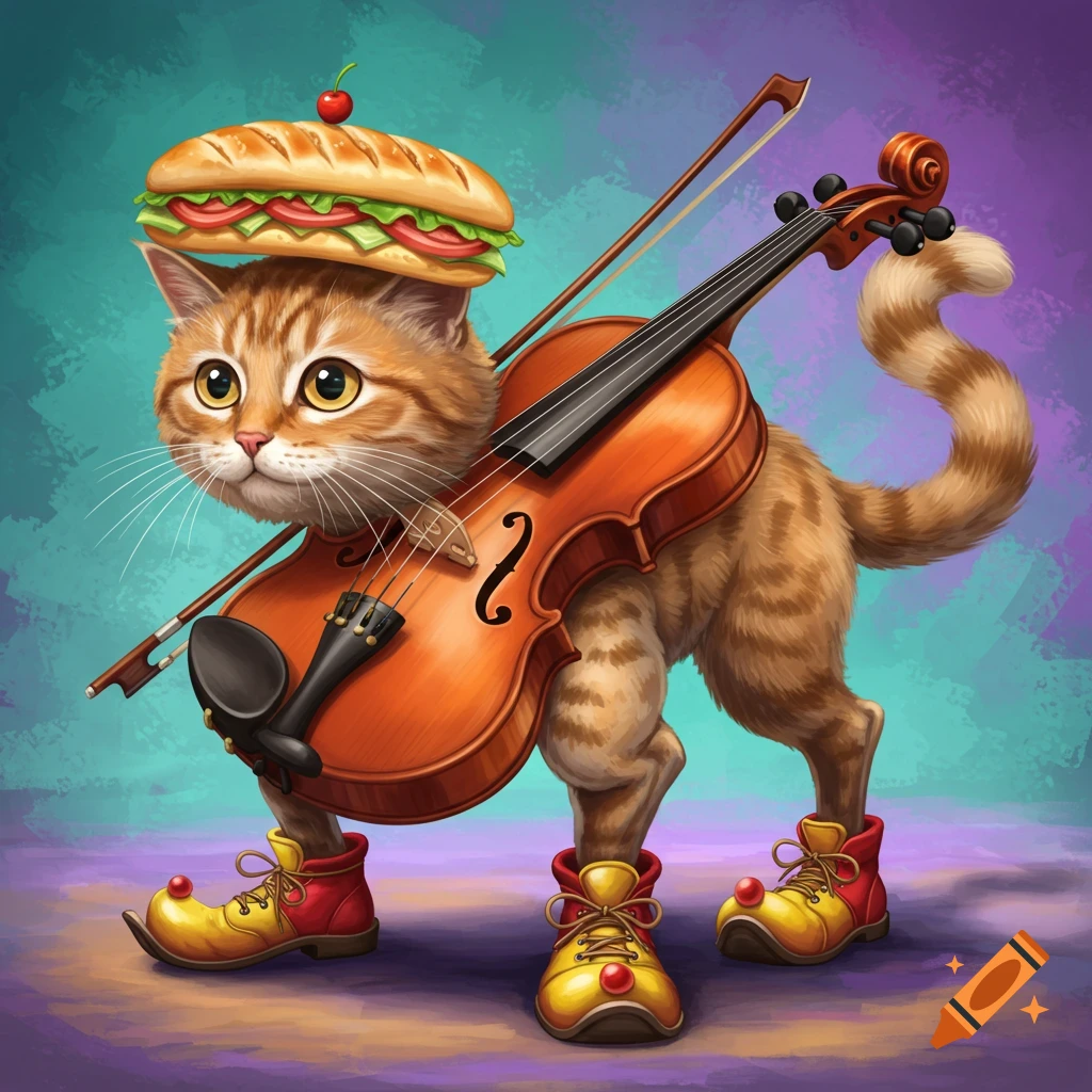 A surreal image of an orange tabby cat with a violin body, large legs in clown shoes, and a sandwich hat.