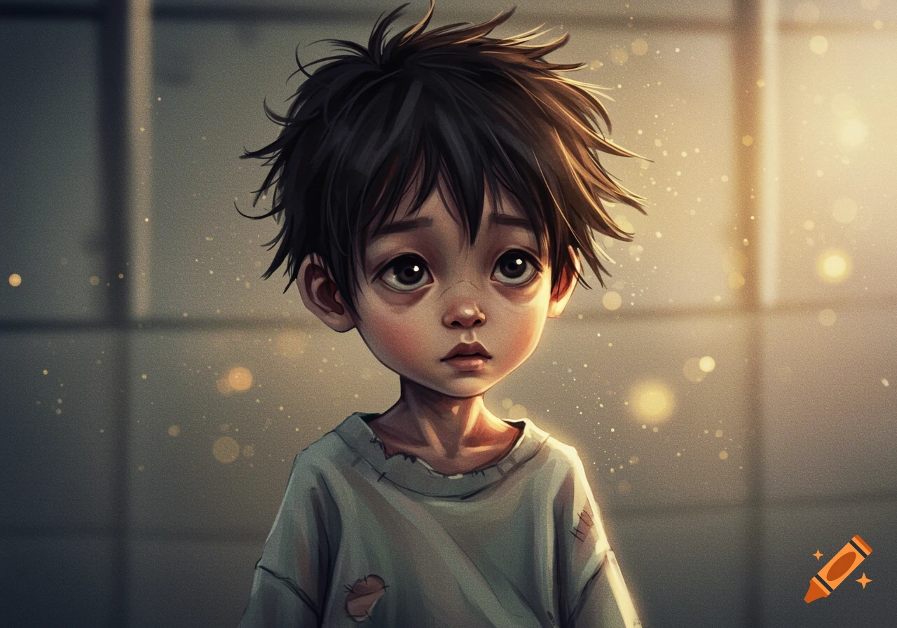 A scrawny child with sad eyes and messy hair is bathed in warm light.