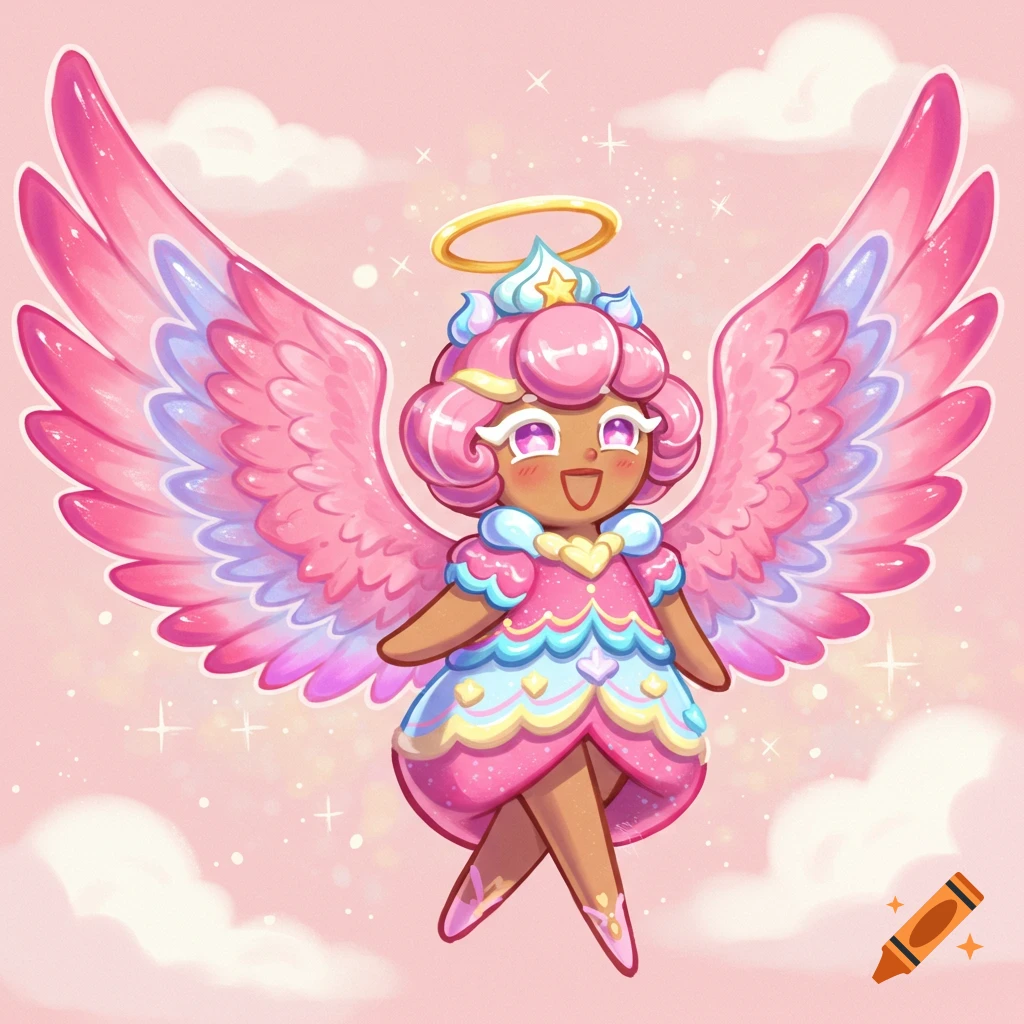 A pink cookie character with large pink and purple wings and a halo floats in a pink sky.