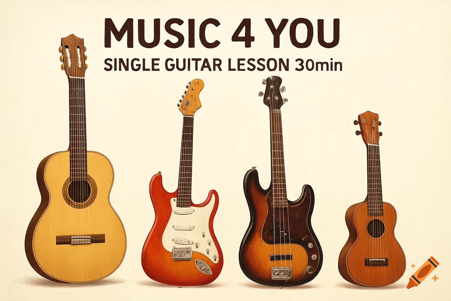 Four string instruments and text 'MUSIC 4 YOU SINGLE GUITAR LESSON 30min'.