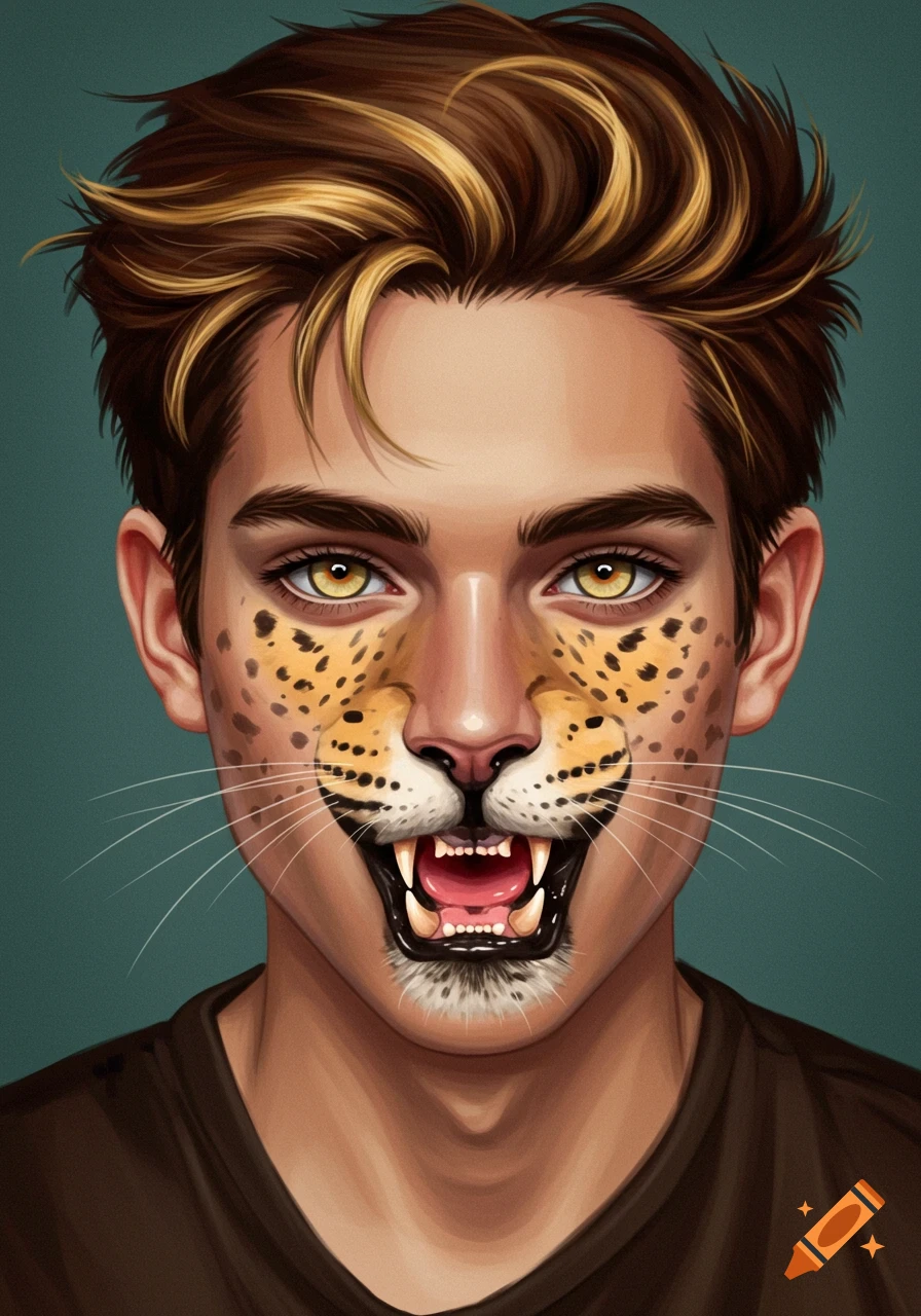 A young man's face is shown with jaguar eyes, spots, and fangs.