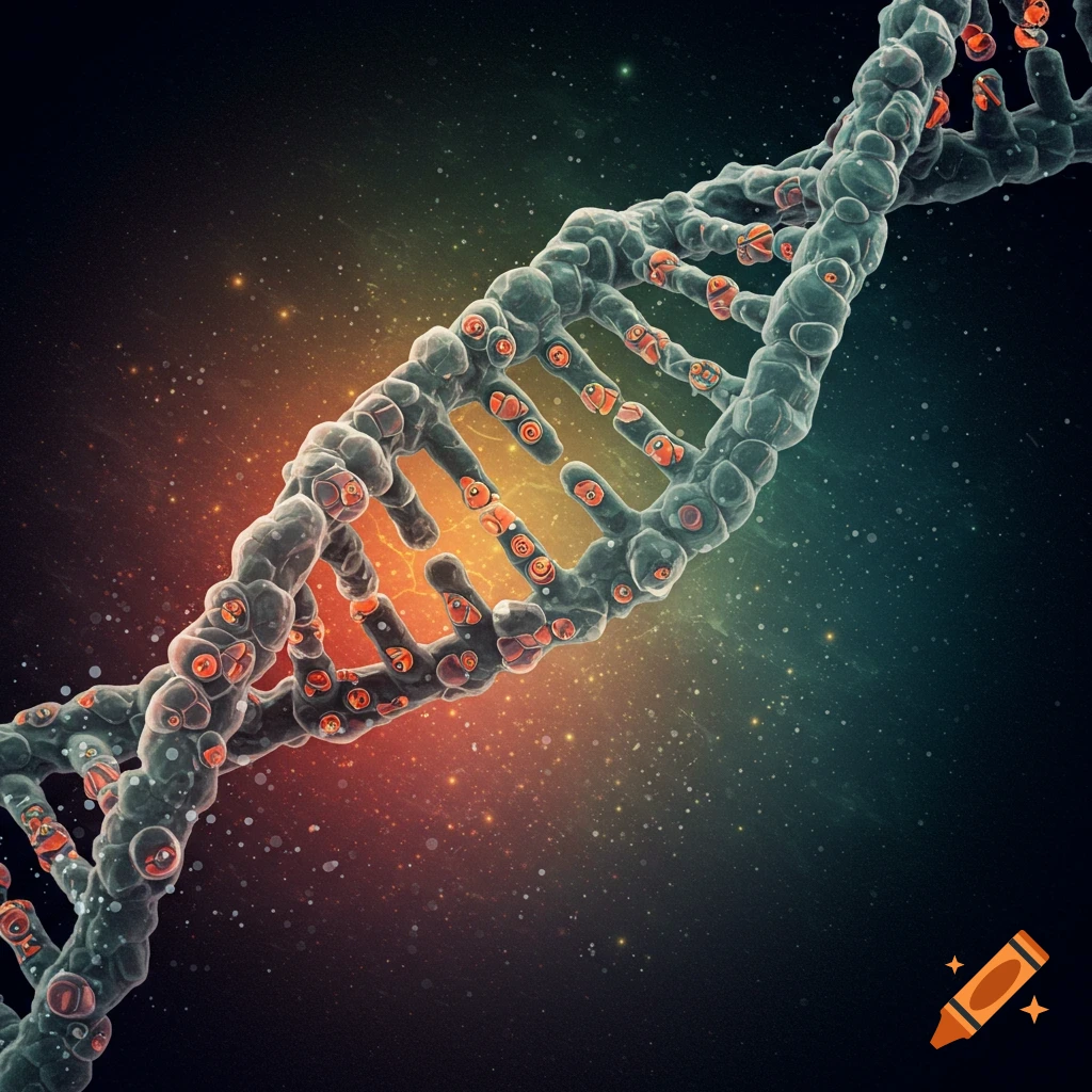 Stylized DNA helix in space with cosmic background and glowing particles.