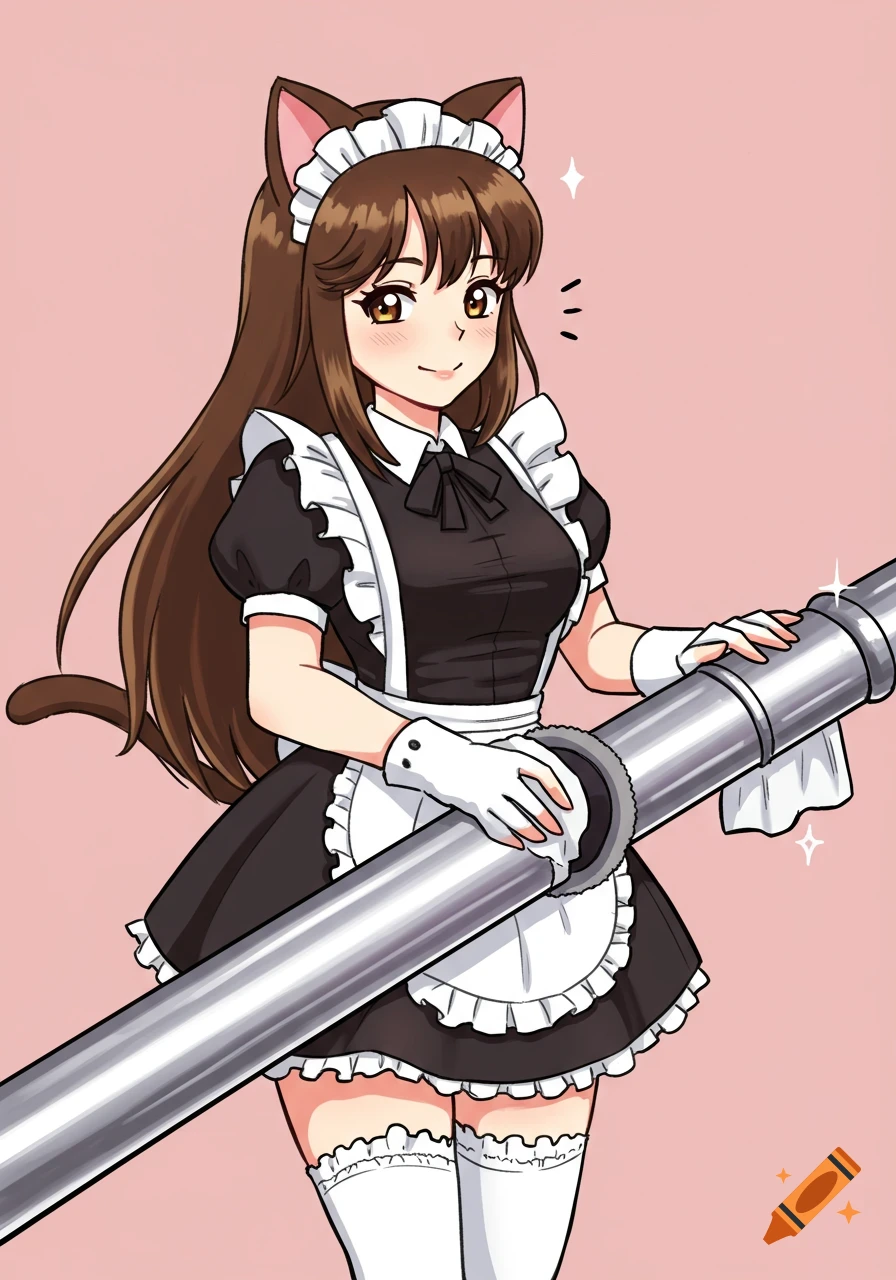 Cartoon of a cat maid polishing a metal pipe