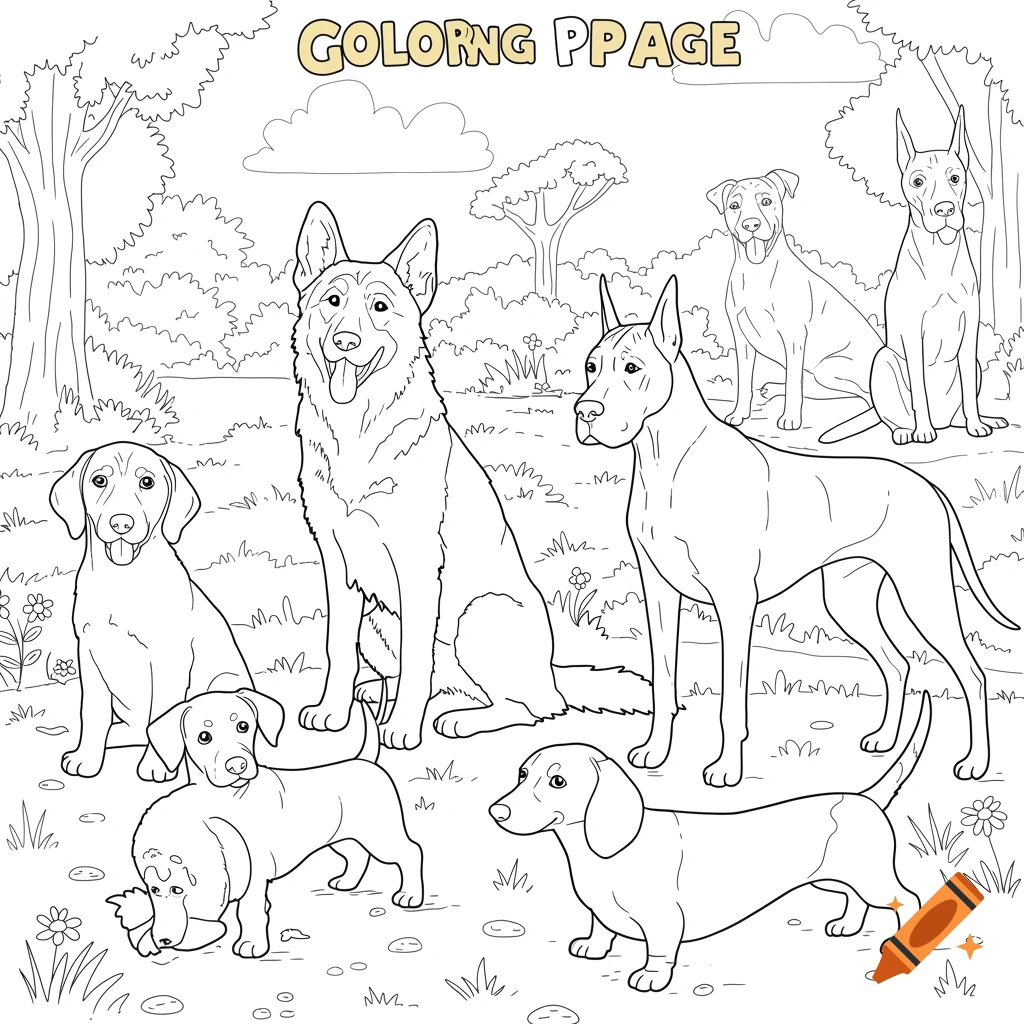 Black and white line drawing of various dog breeds in a park, designed as a colouring page