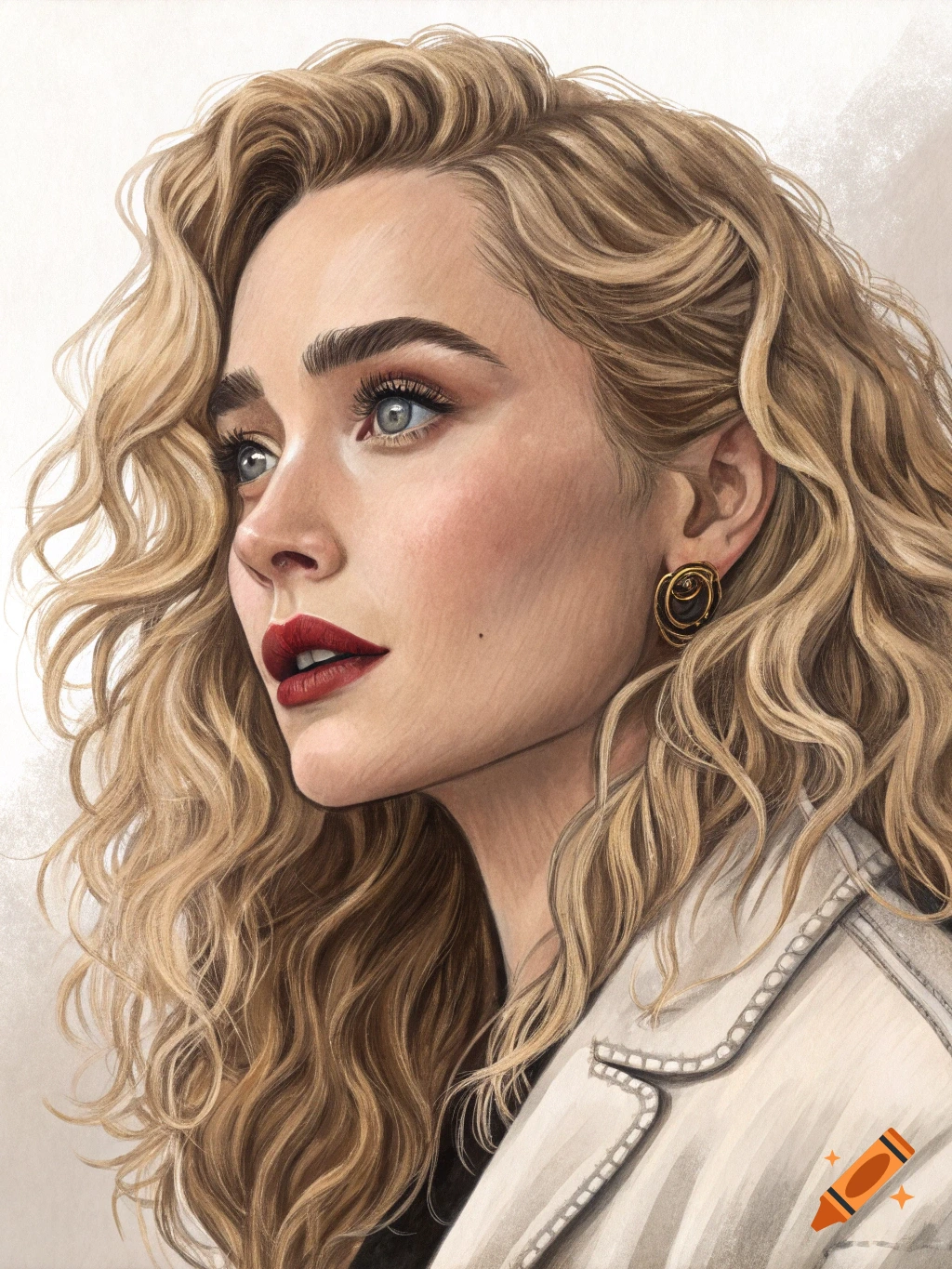 A woman with curly blonde hair, blue eyes, and red lipstick wearing a white jacket.