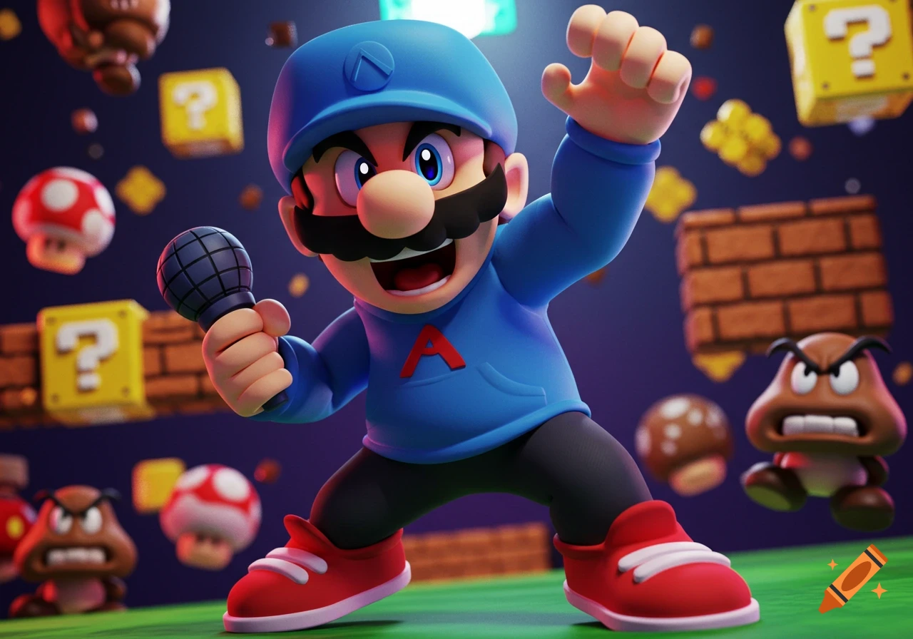 Cartoon character resembling Mario in a blue hoodie holding a microphone in a video game environment with blocks and enemies.