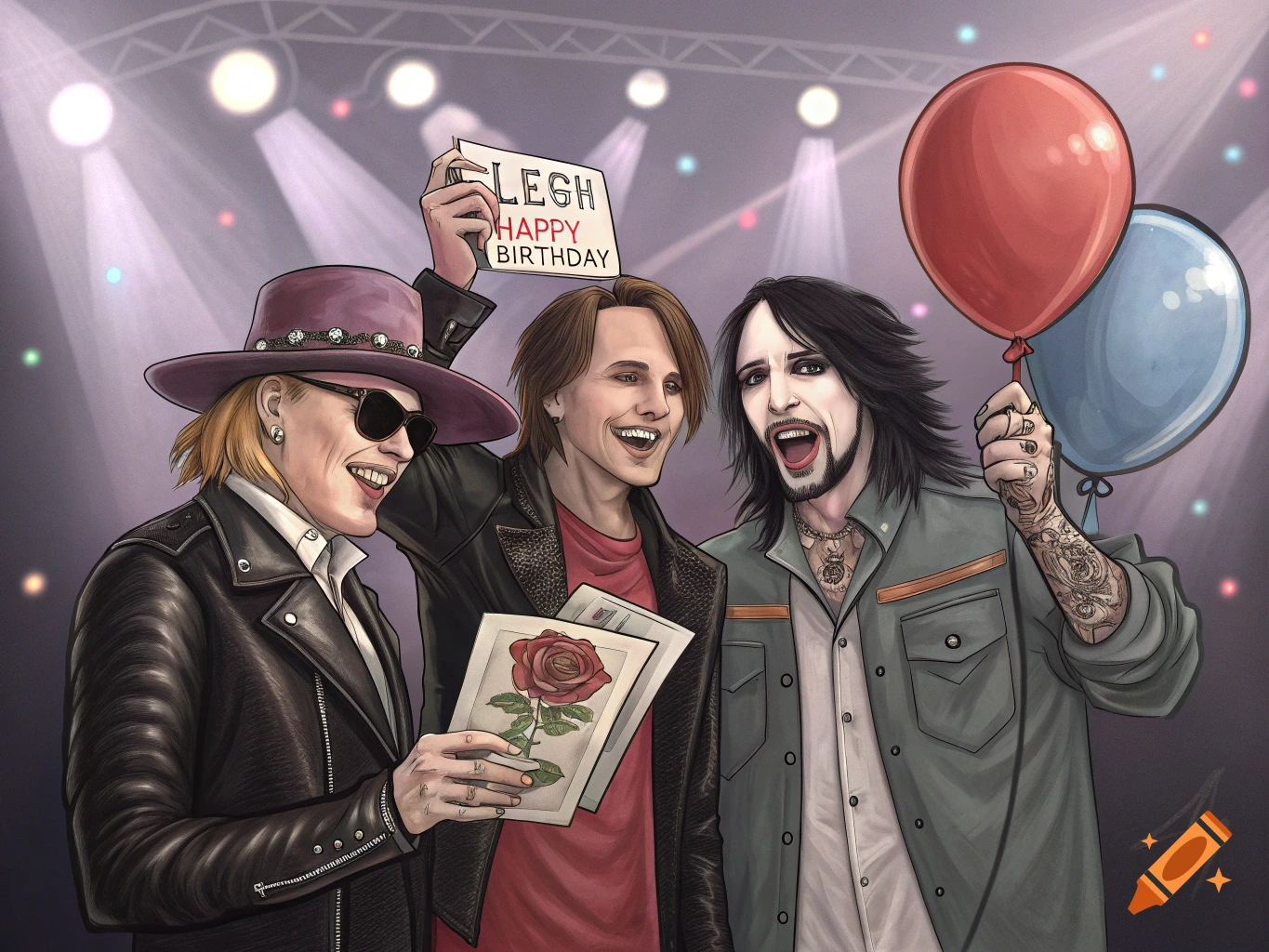 Stylized illustration of three men celebrating with a sign, balloons, and a rose.