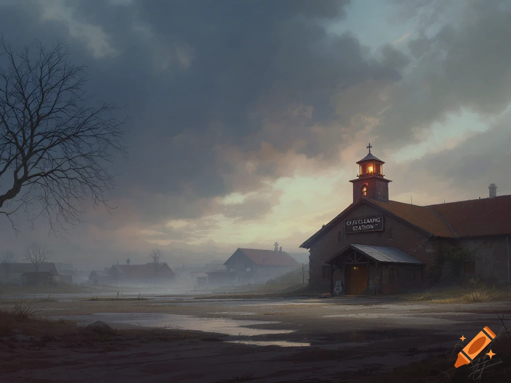 A moody image of a building resembling a station with a lit tower under a dark, cloudy sky.