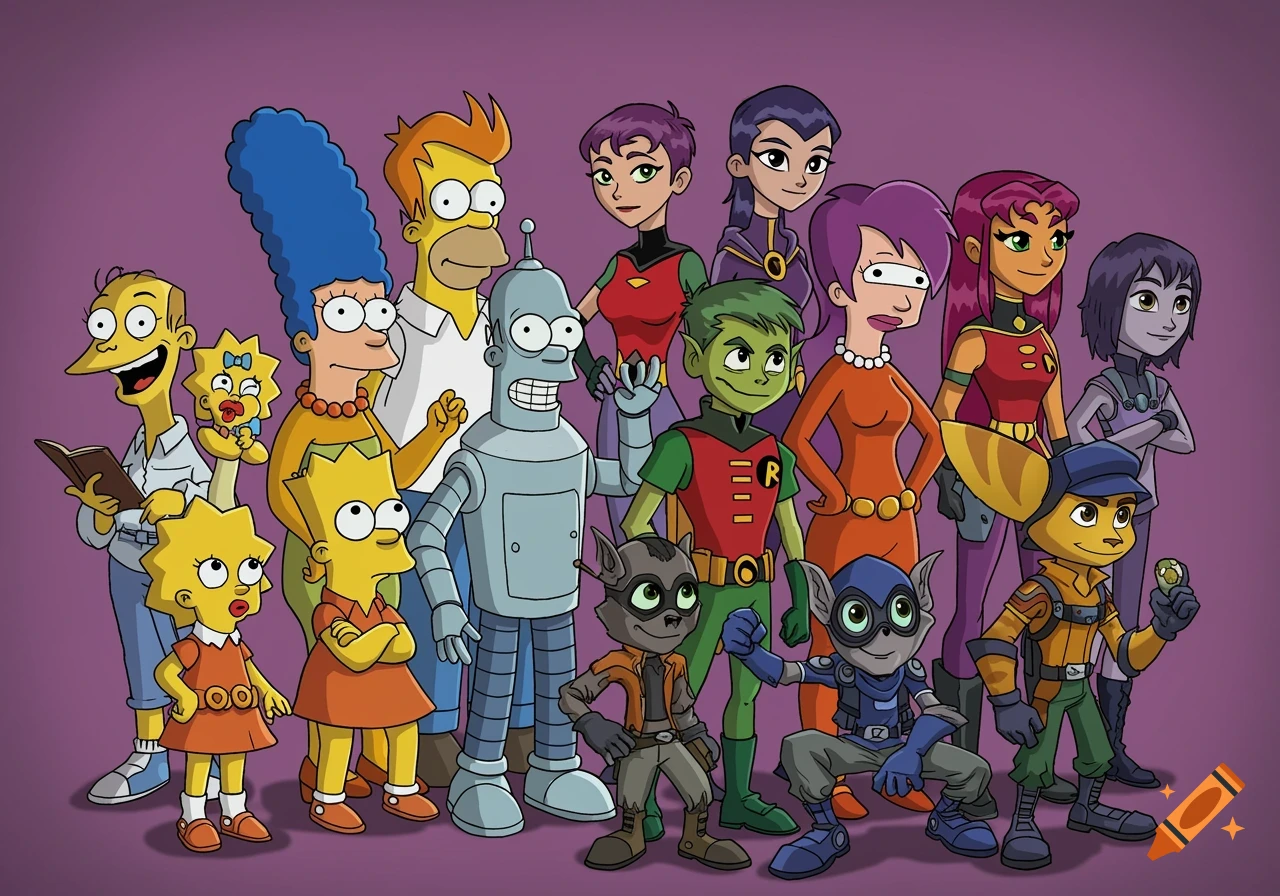 A group photo of characters from The Simpsons, Futurama, Teen Titans, Sly Cooper, and Ratchet & Clank.