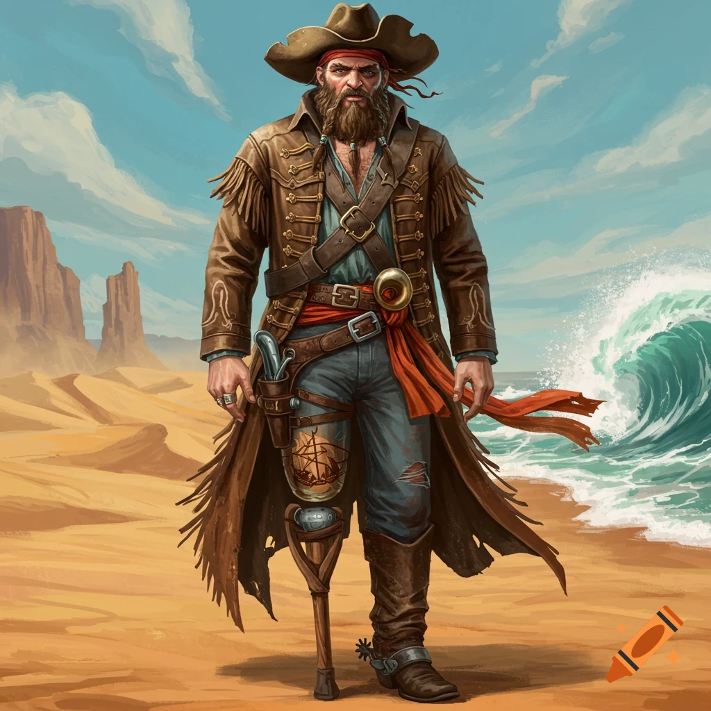 A pirate dressed like a cowboy standing on a beach.