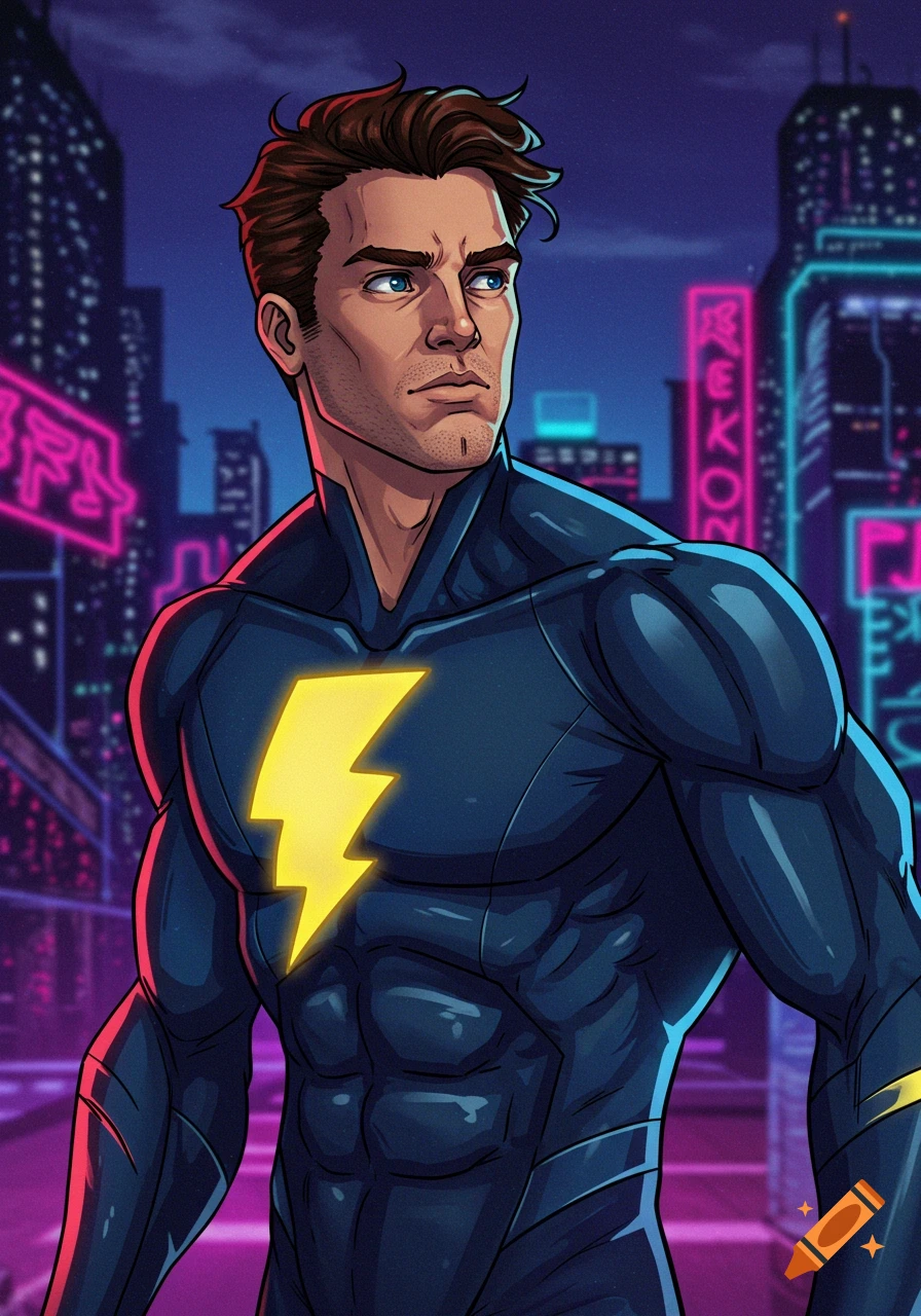 A superhero in a dark suit with a yellow lightning bolt emblem standing in a futuristic city.