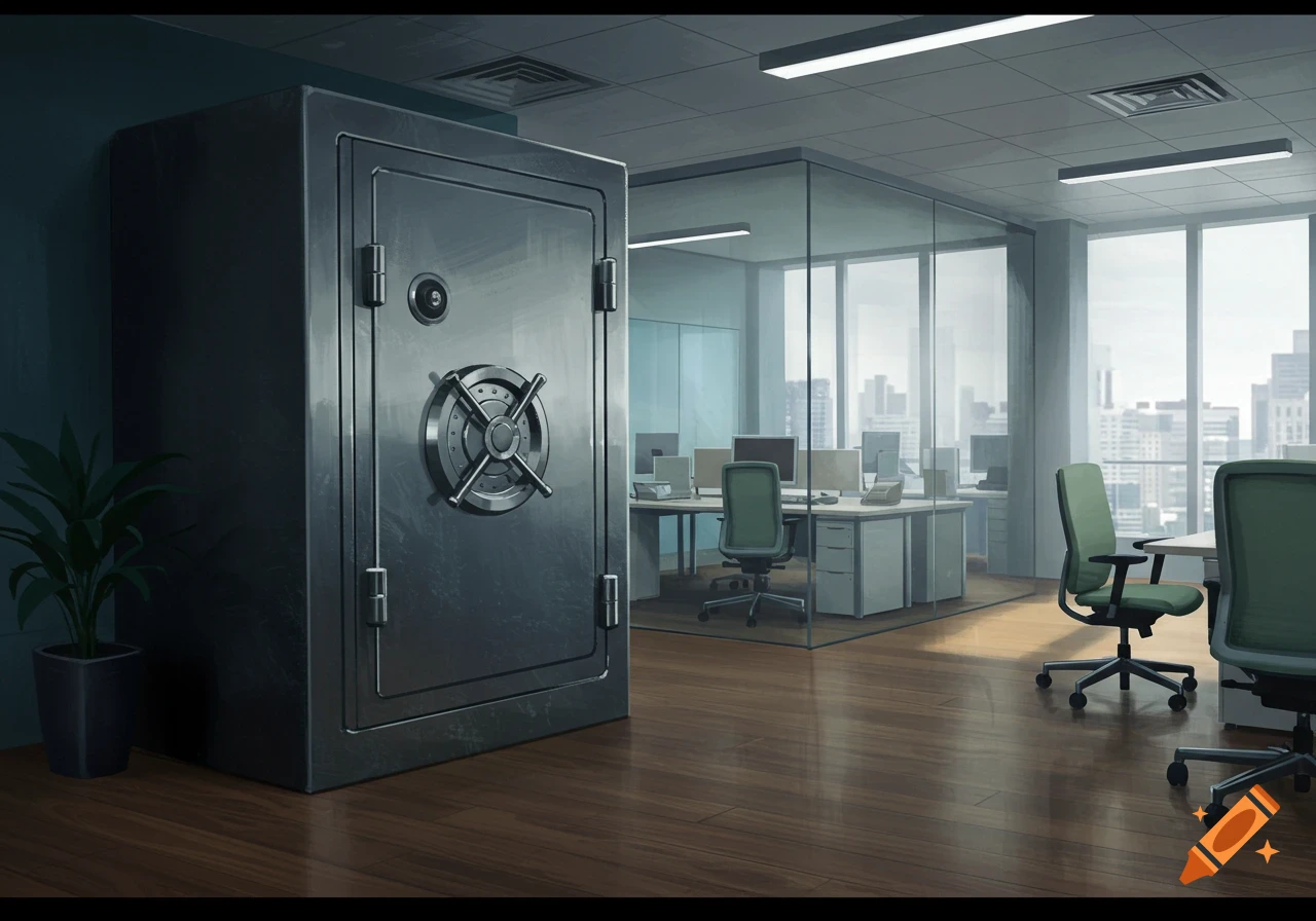 A large dark safe stands in the foreground of an office with desks, chairs, and large windows overlooking a city skyline.