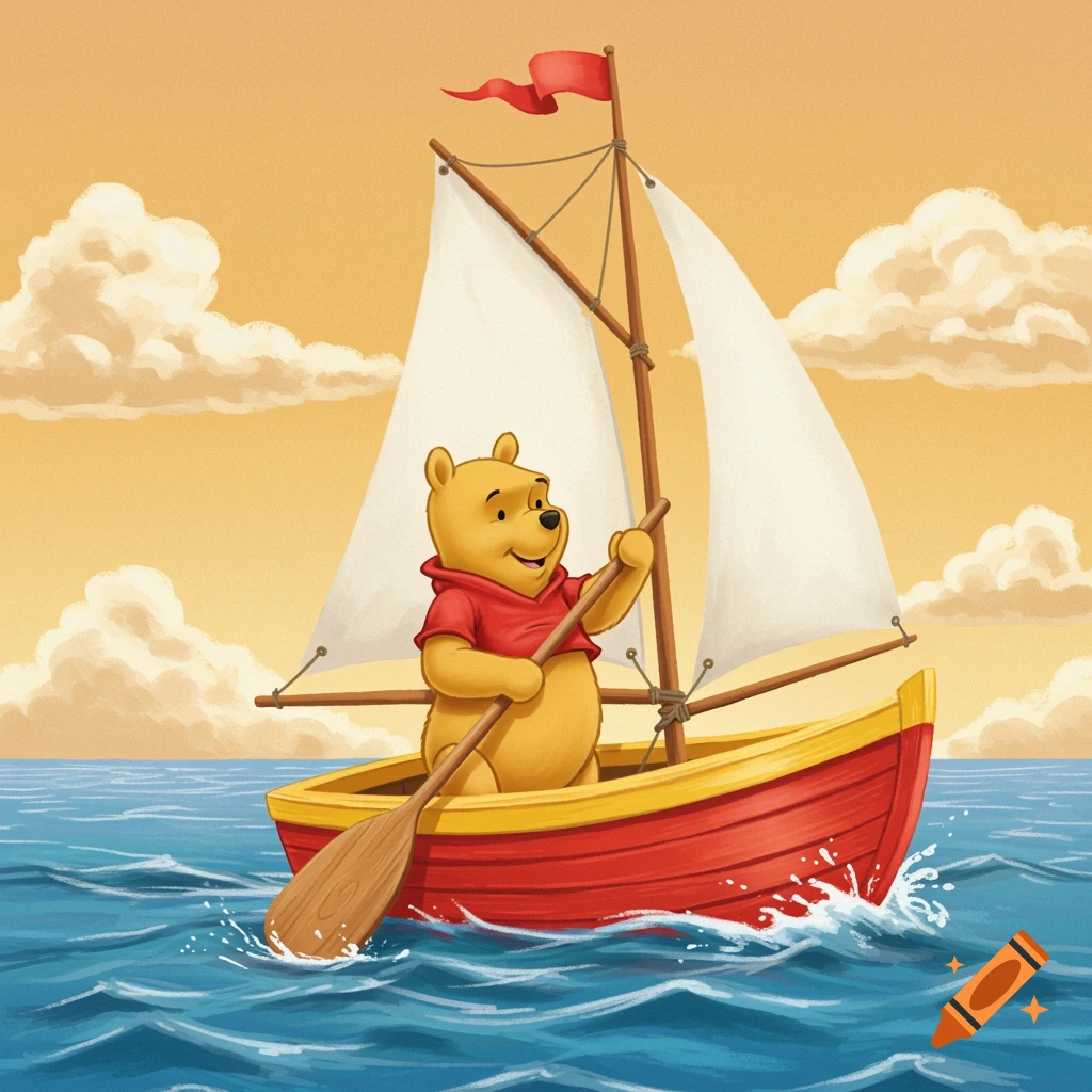 Winnie the Pooh sails a red and yellow boat on the sea, holding a paddle.