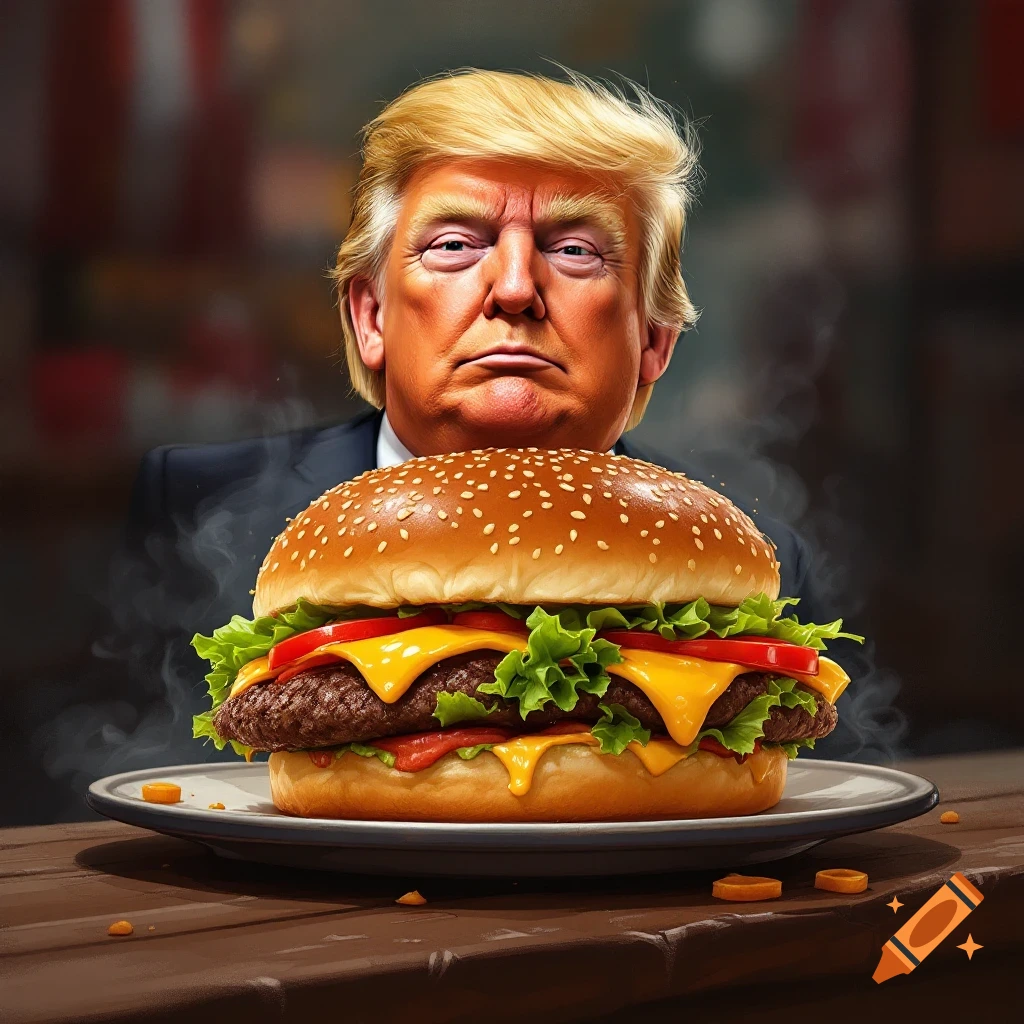 Donald Trump looking at a large hamburger