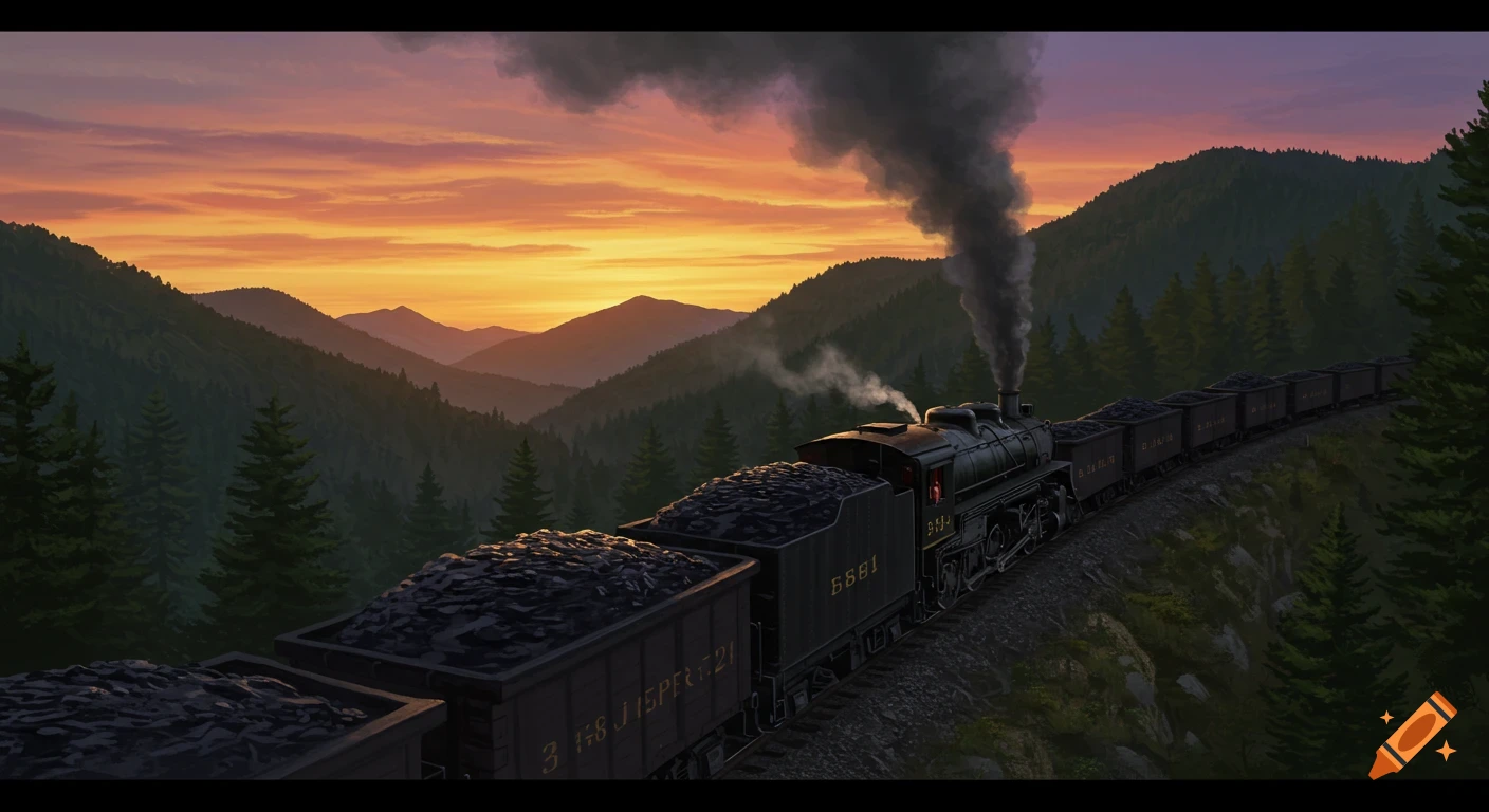 A steam train with coal cars winds through mountains at sunset.