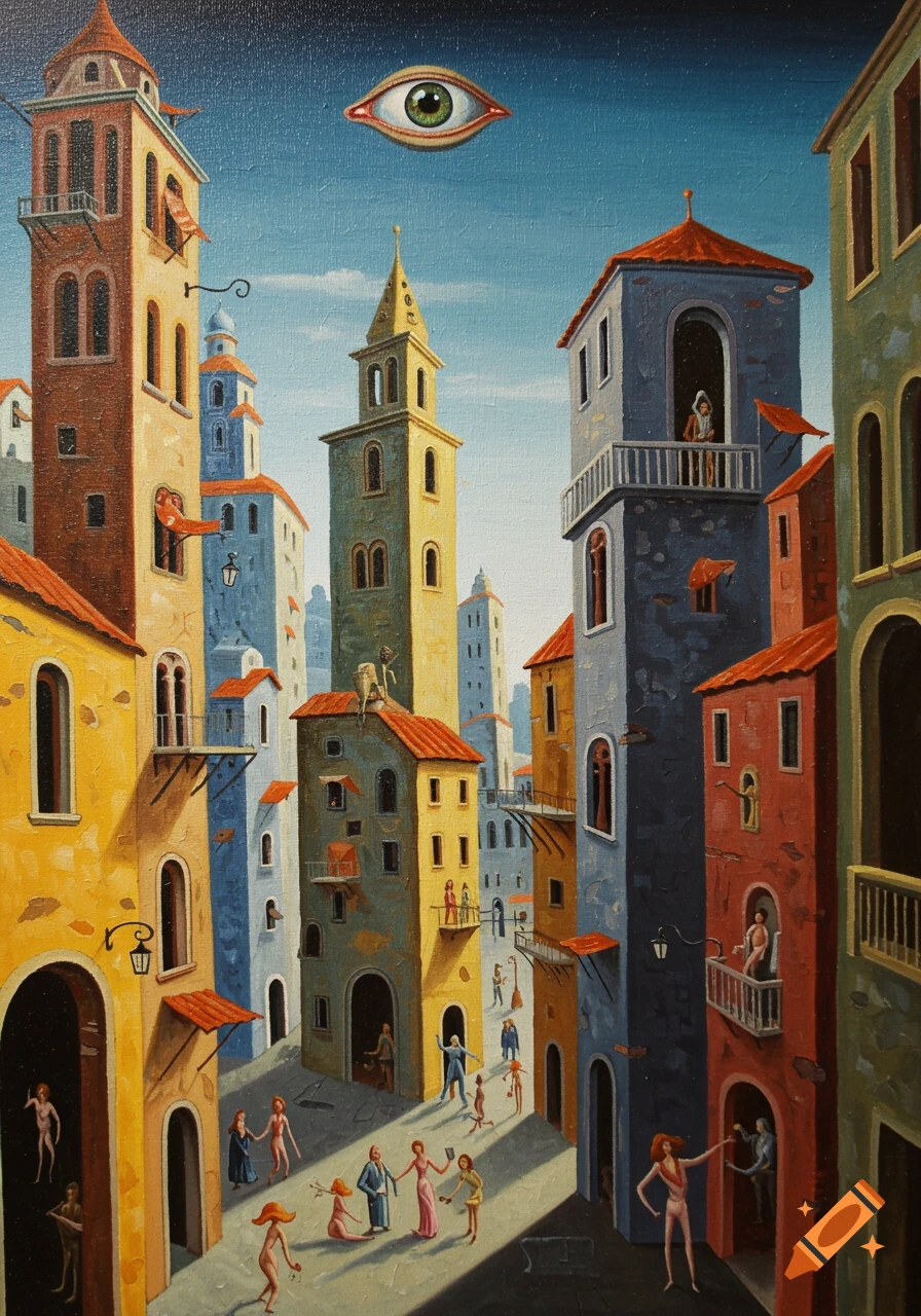 Surreal oil painting of a town with tall buildings, small figures, and an eye in the sky