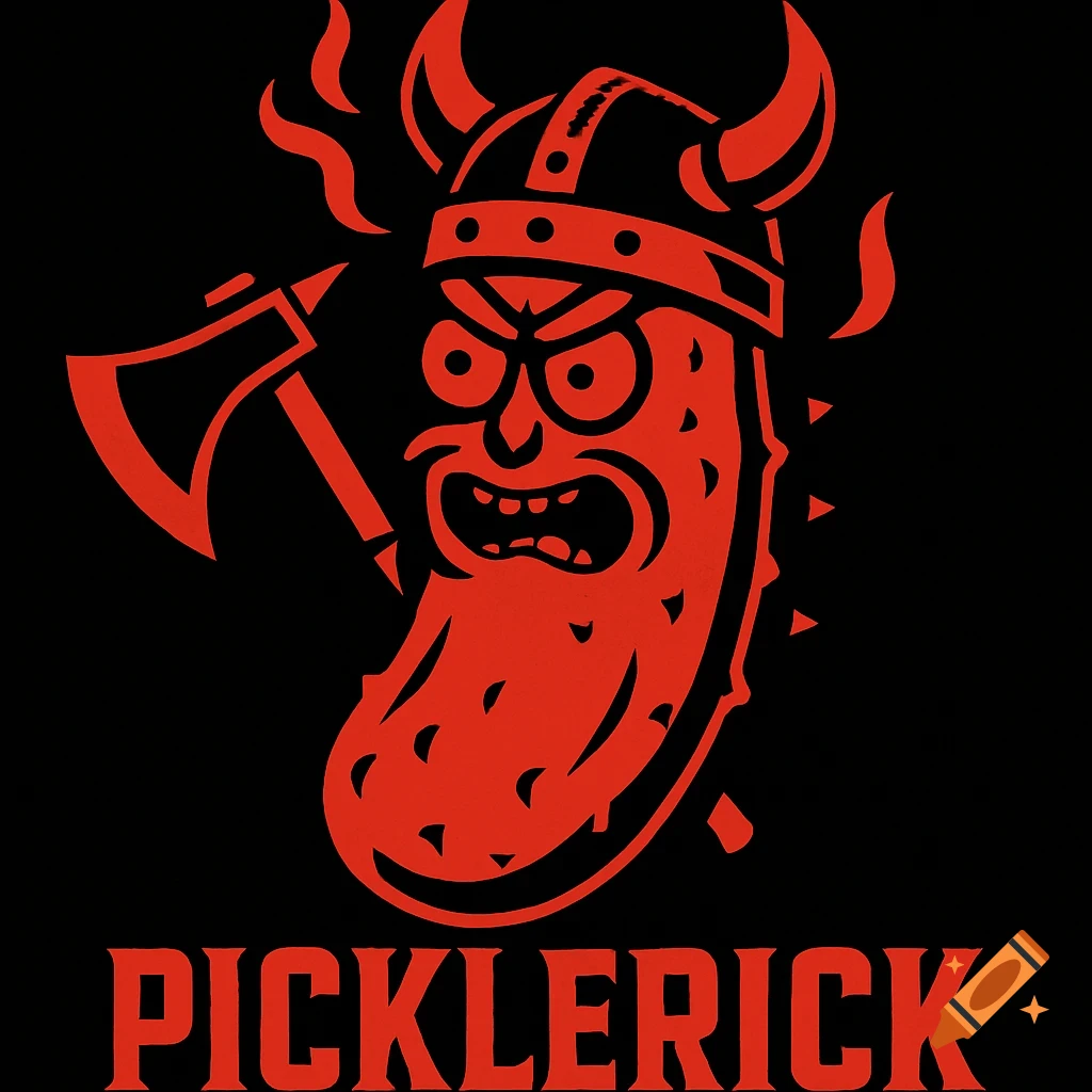 Red vector graphic of Pickle Rick as a Viking with an axe and the text PICKLERICK.