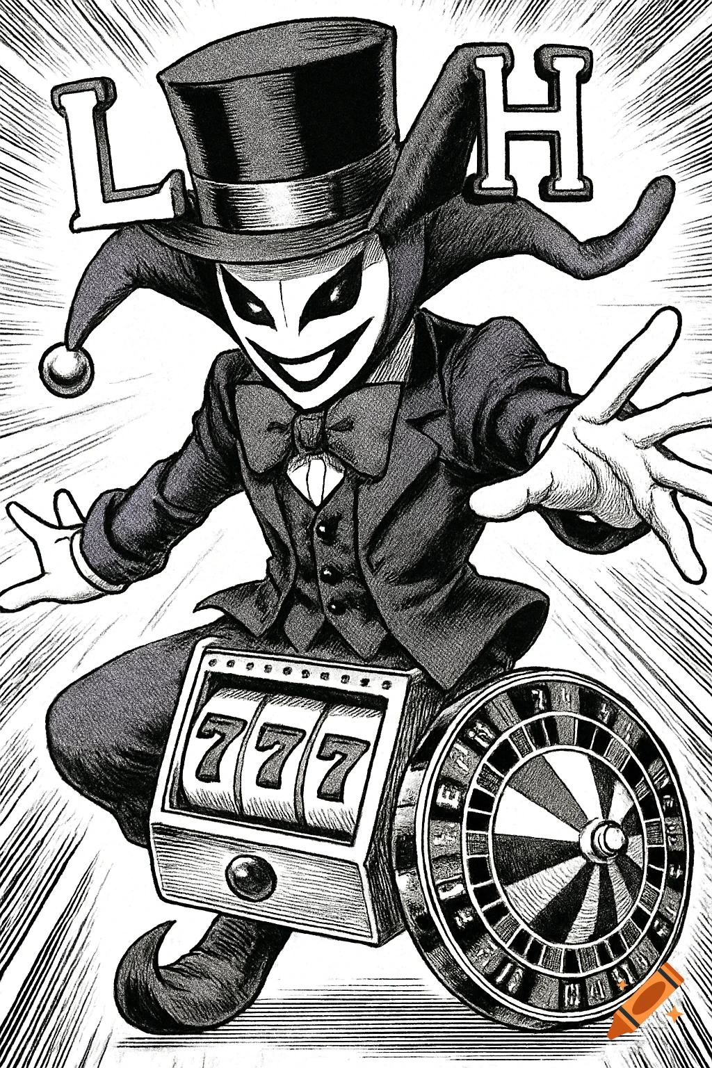 Manga drawing of a jester-like character with a slot machine body and roulette wheel, wearing a top hat with L and H symbols.