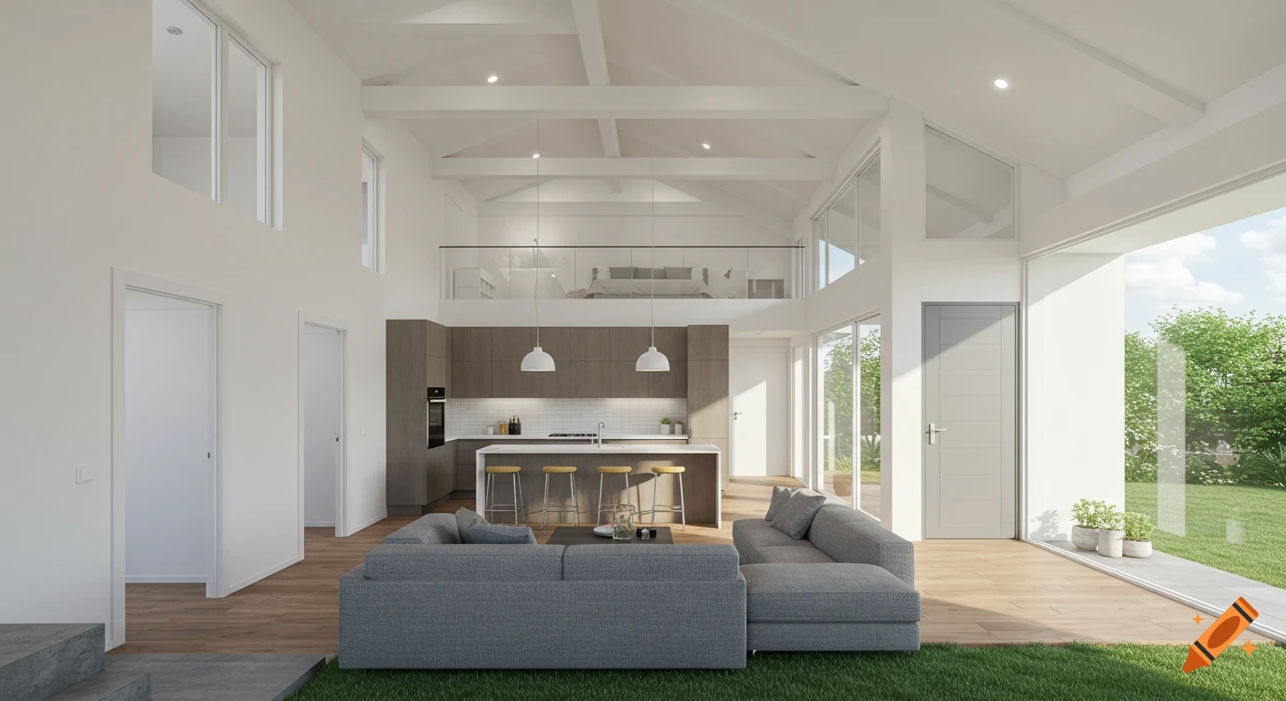 A modern open-concept house interior rendering with a living room, kitchen island, and loft bedroom, featuring a large glass wall overlooking a yard.