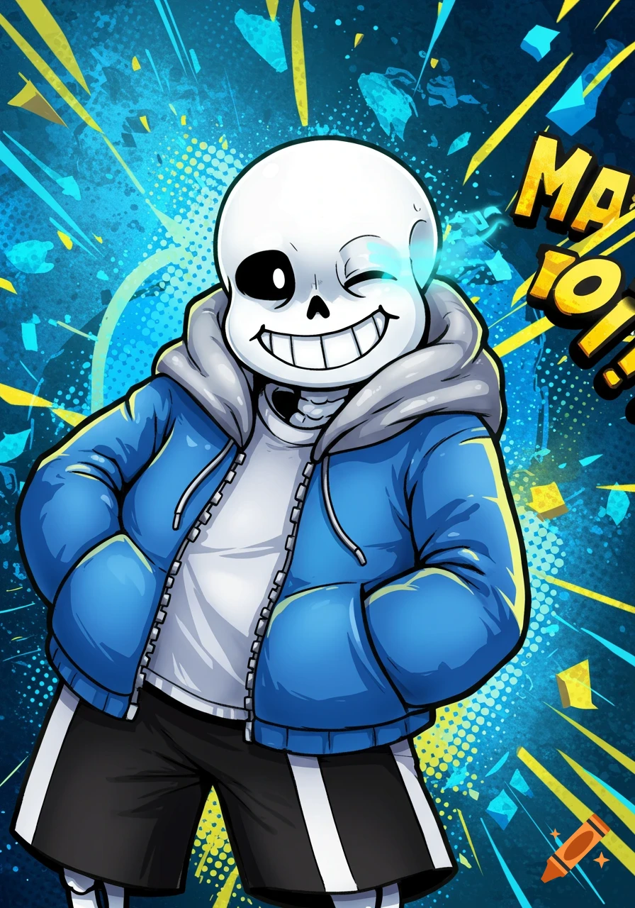 Cartoon illustration of Sans from Undertale smiling and winking in a blue jacket against a blue and yellow abstract background.