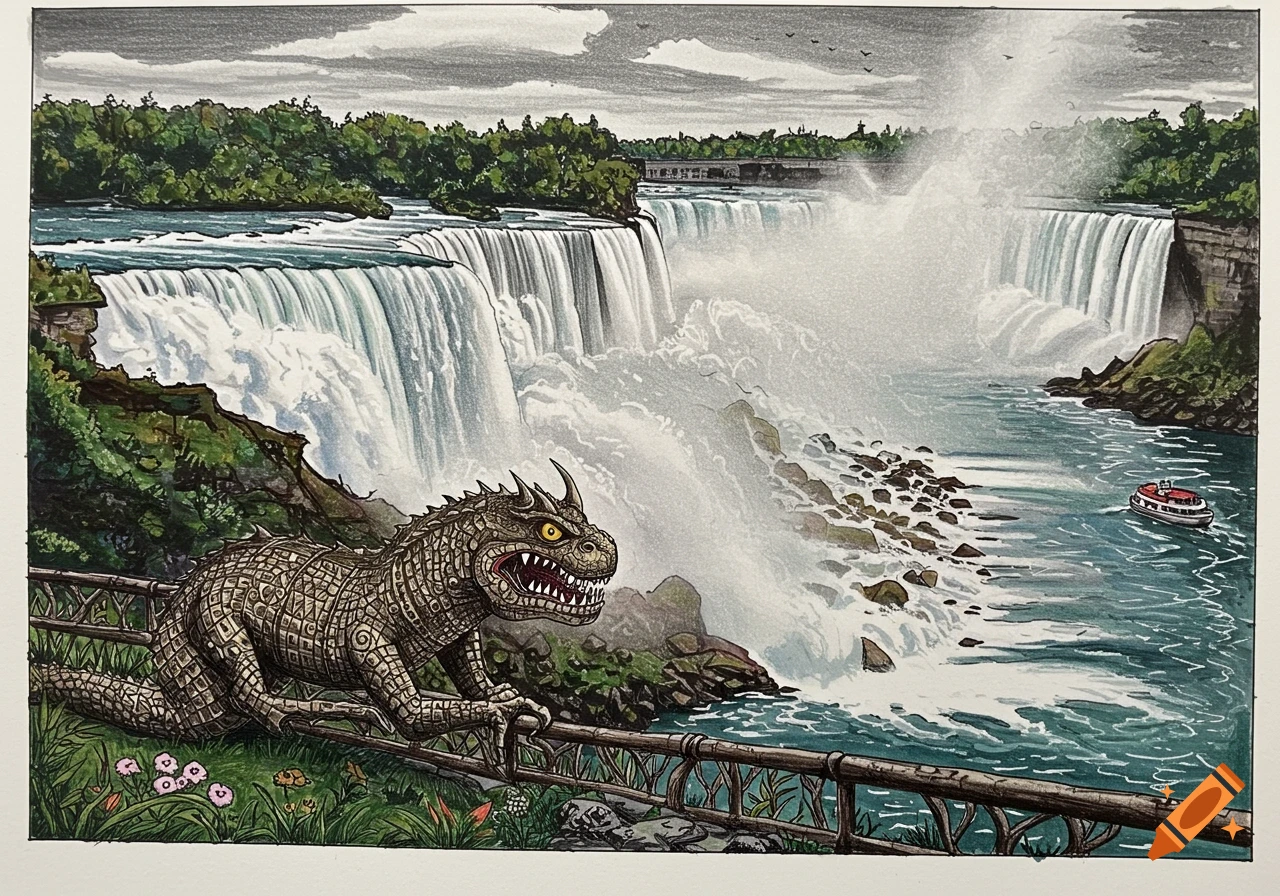 An illustration of a scaly, horned monster standing near a railing in front of Niagara Falls.