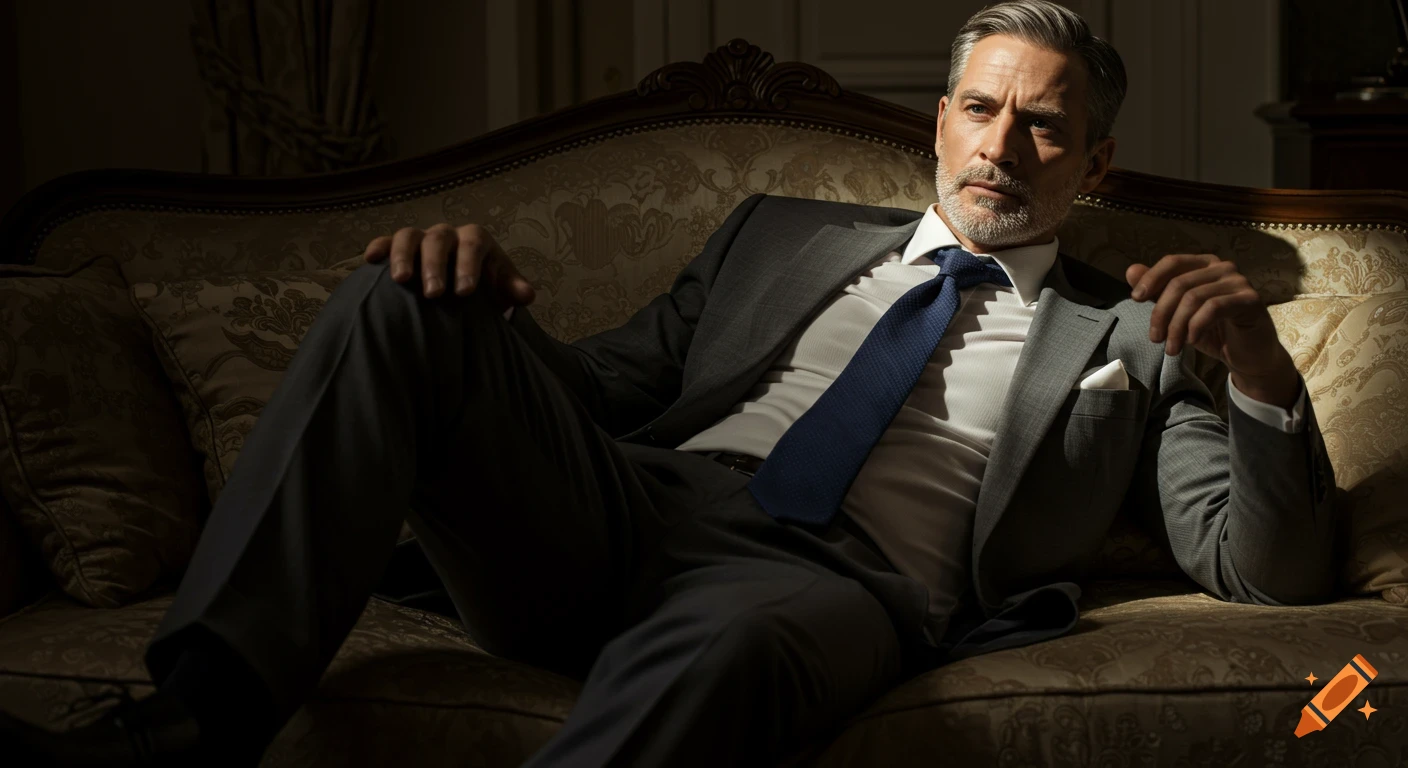 Photorealistic image of a middle-aged man in a grey suit and blue tie lying casually on a luxurious sofa.