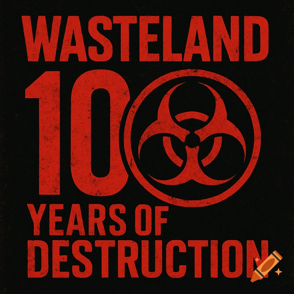 Red grunge logo with text WASTELAND 10 YEARS OF DESTRUCTION and biohazard symbol on black background.