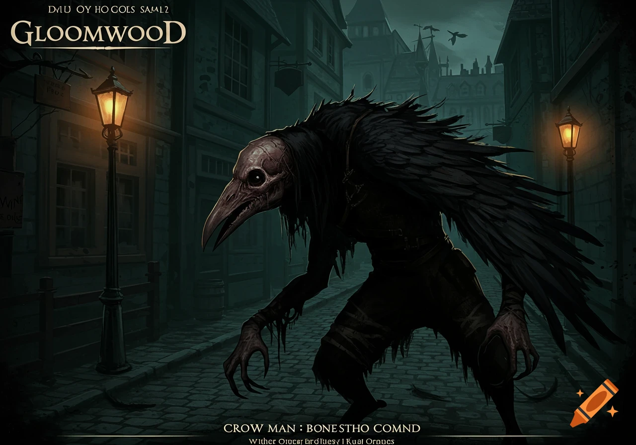 A dark fantasy image of a crow-like creature standing on a cobblestone street at night with gas lanterns.