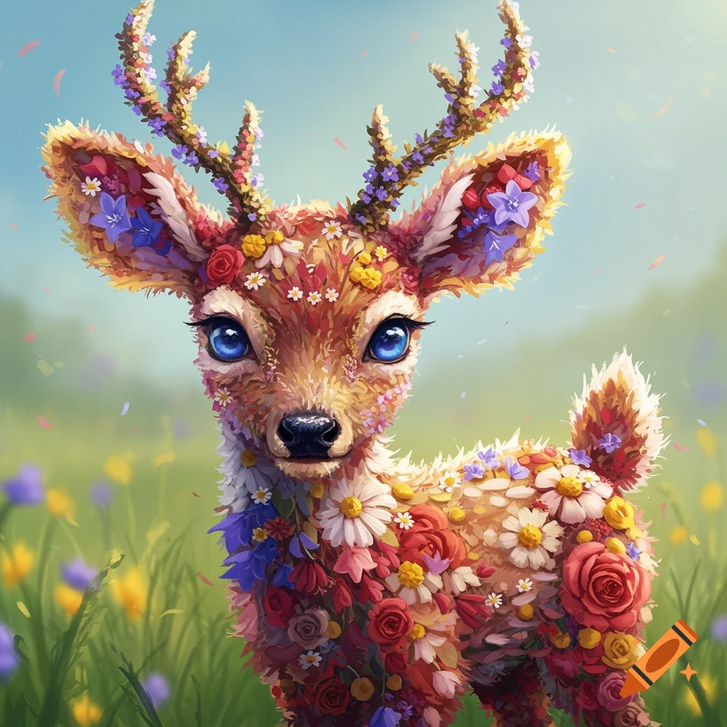 A fantastical baby deer made of colorful flowers stands in a meadow.