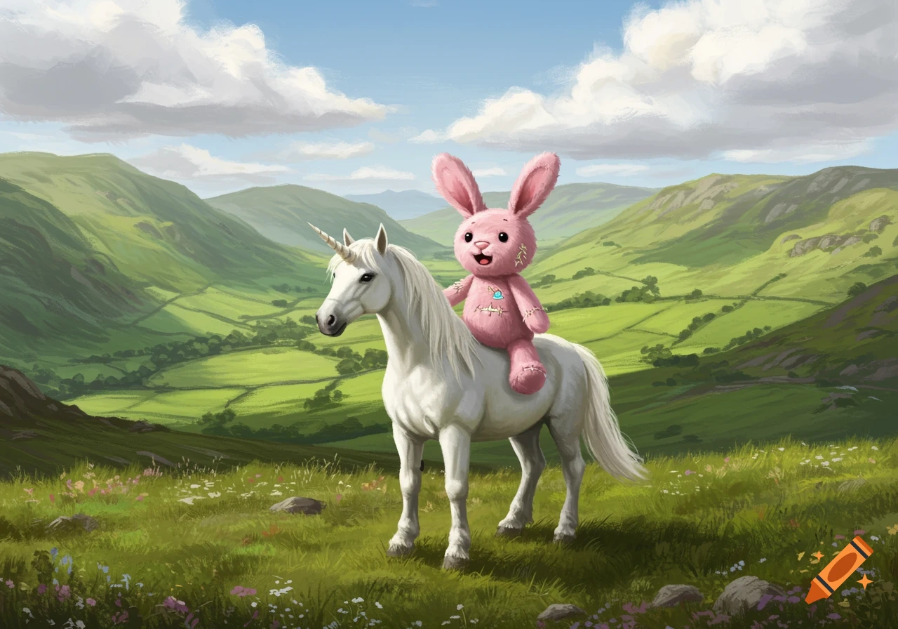 Pink stuffed bunny riding a white unicorn in a green mountain valley landscape.