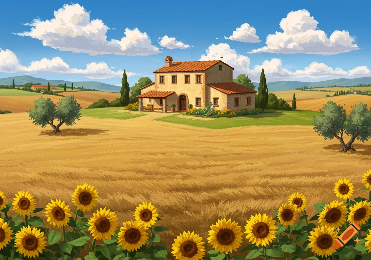 A house in a field of wheat and sunflowers under a blue sky with clouds.