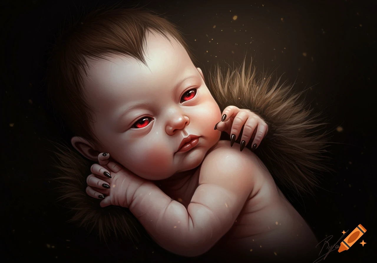 A dark fantasy depiction of a baby with red eyes, sharp claws, and fur.
