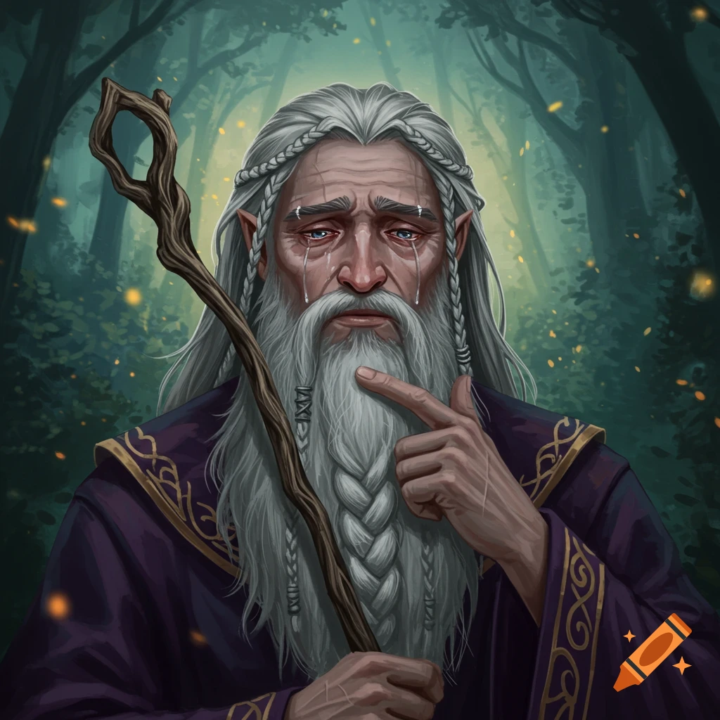 Painting of a sad wizard holding a staff in a forest.