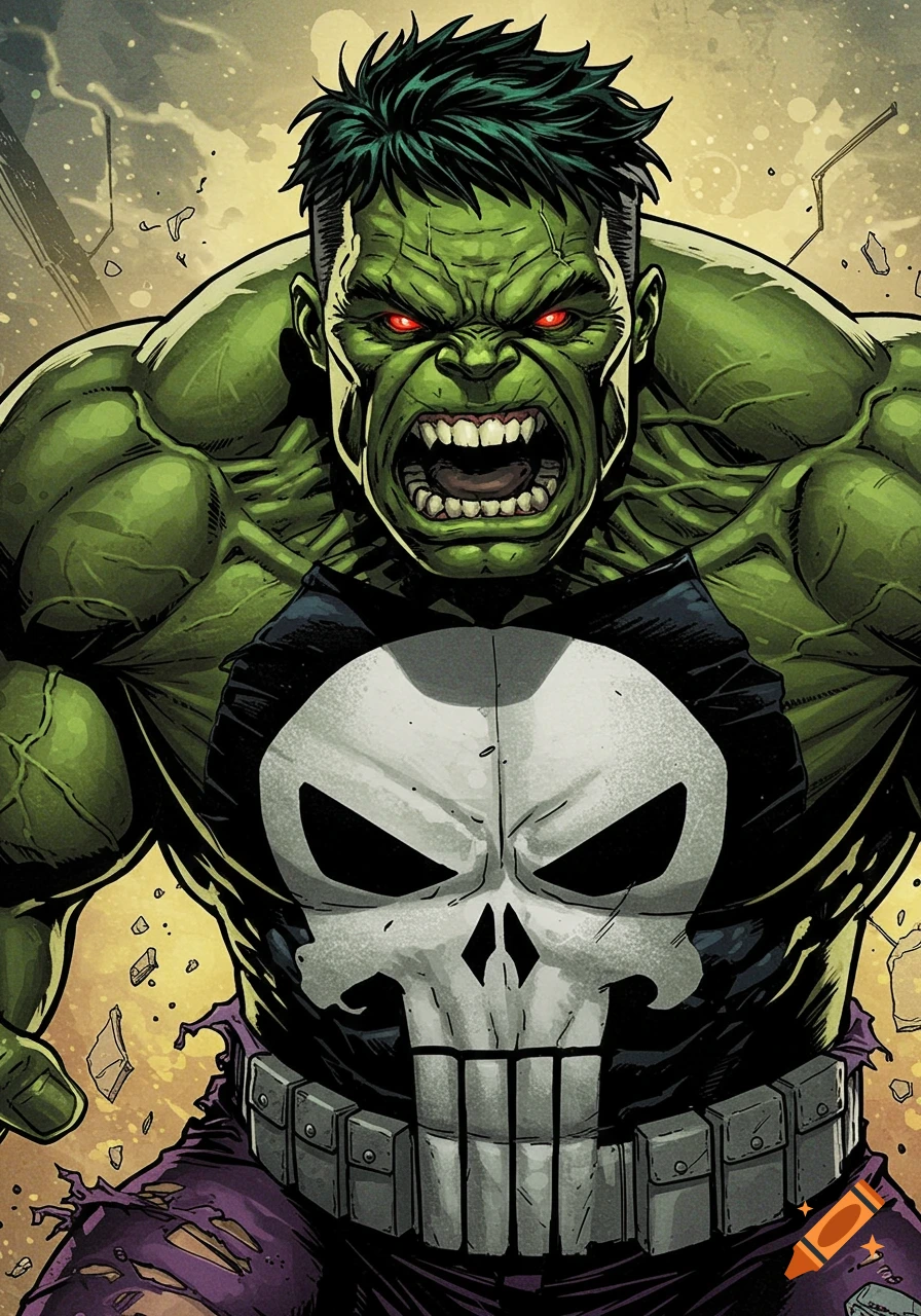 Close-up of Hulk wearing a Punisher skull logo, roaring, in a comic book style