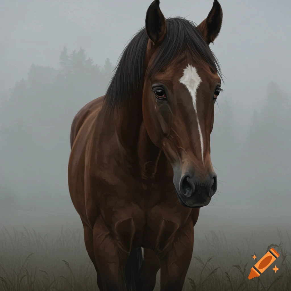 A sad brown horse stands in a foggy field.