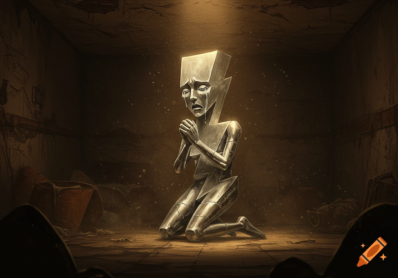 Metallic lightning bolt figure kneeling and crying in a dark room.