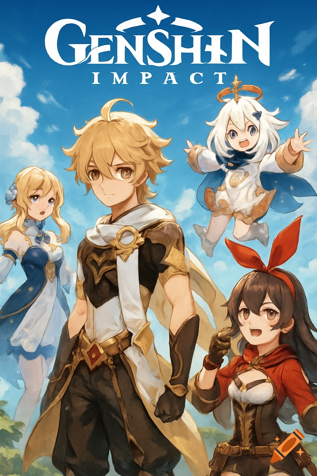 Four Genshin Impact characters (Aether, Paimon, Lumine, Amber) under a cloudy sky.